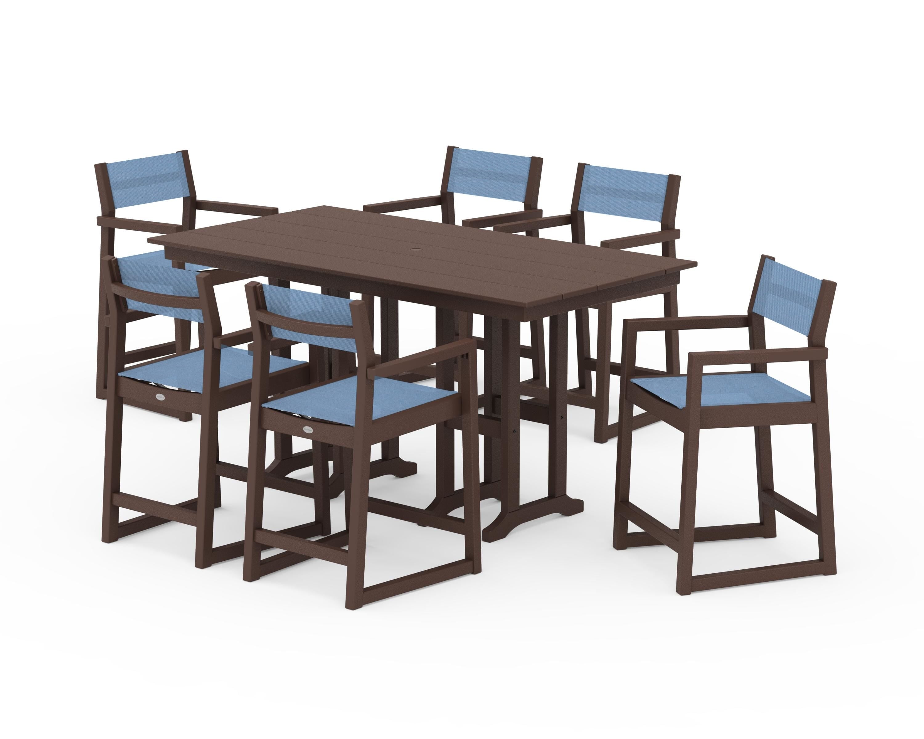 POLYWOOD EDGE Sling Arm Chair 7-Piece Farmhouse Counter Set in Mahogany / Poolside Sling