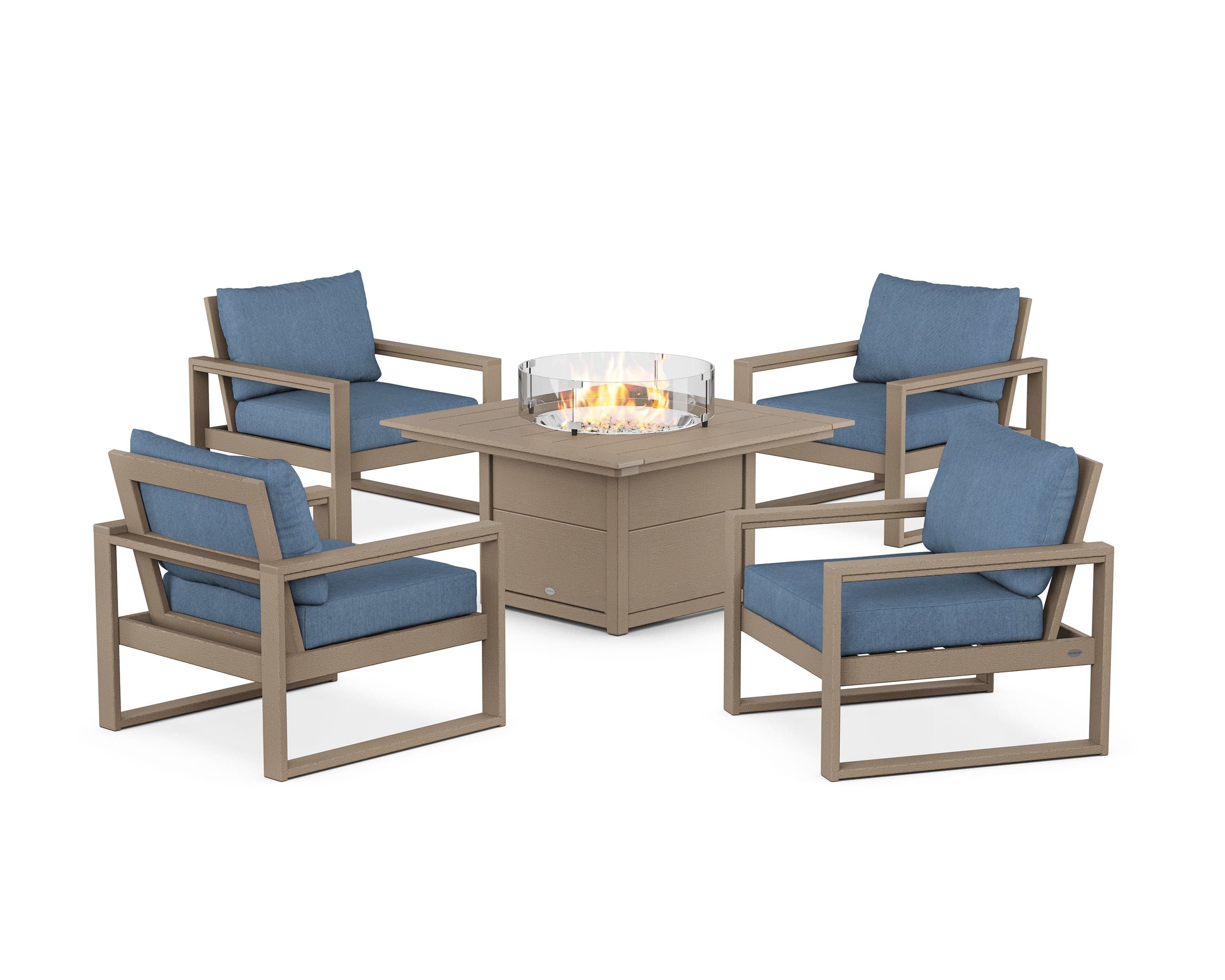 POLYWOOD EDGE Sectional 5-Piece Deep Seating Set with Fire Pit Table in Vintage Sahara / Sky Blue