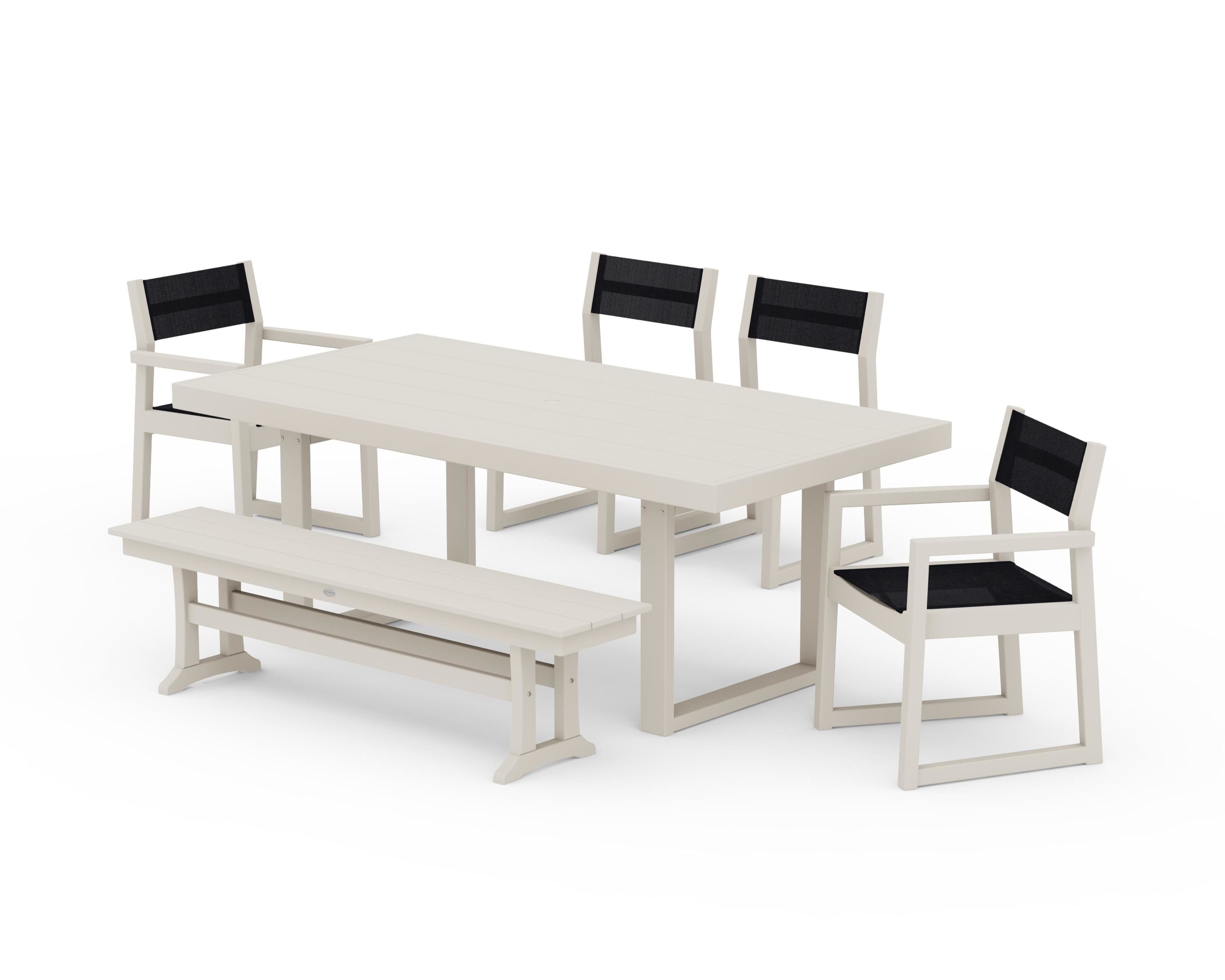 POLYWOOD EDGE Sling 6-Piece Dining Set with Bench in Sand / Black Sling