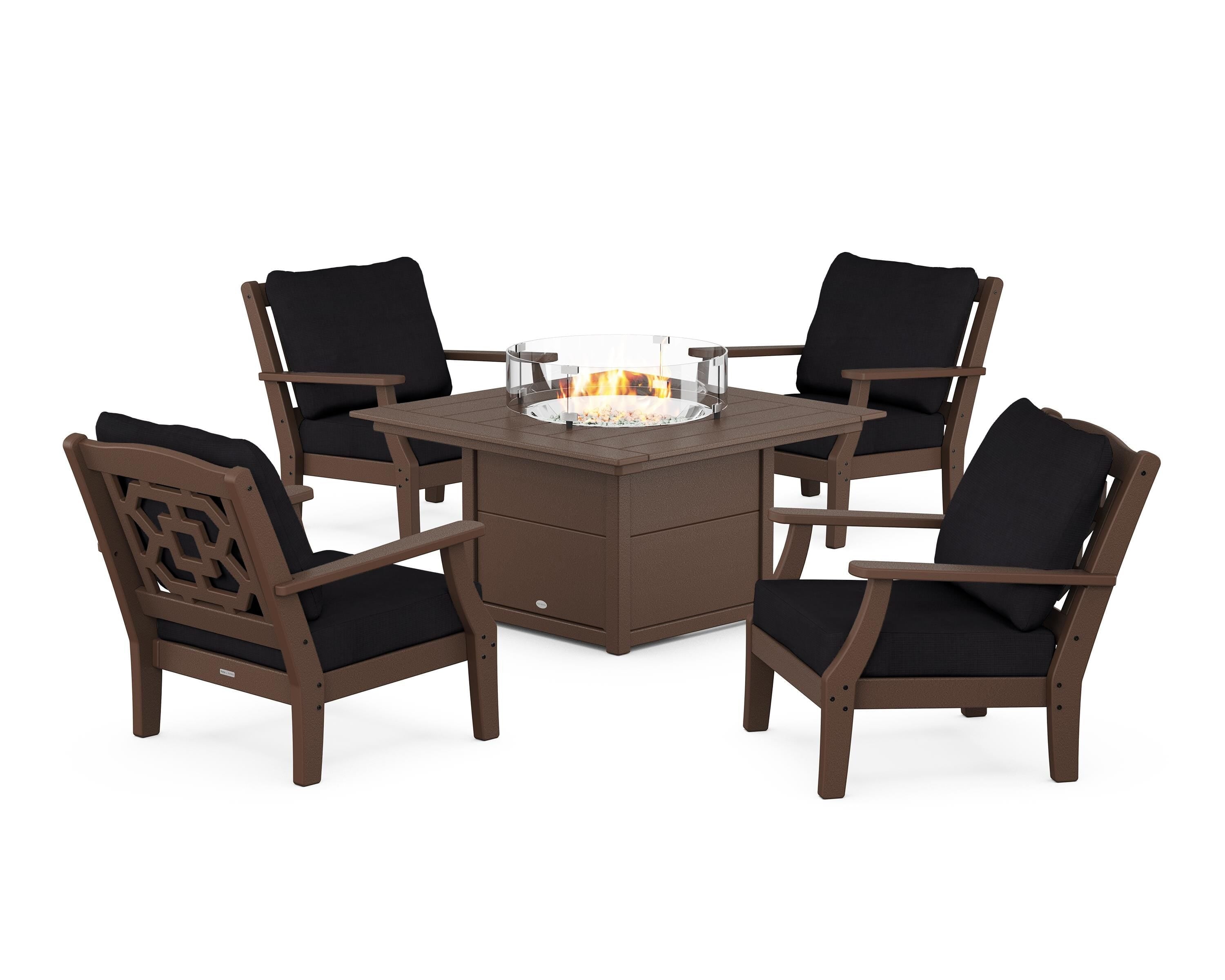 Martha Stewart by POLYWOOD Chinoiserie 5-Piece Deep Seating Set with Fire Pit Table in Mahogany / Midnight Linen