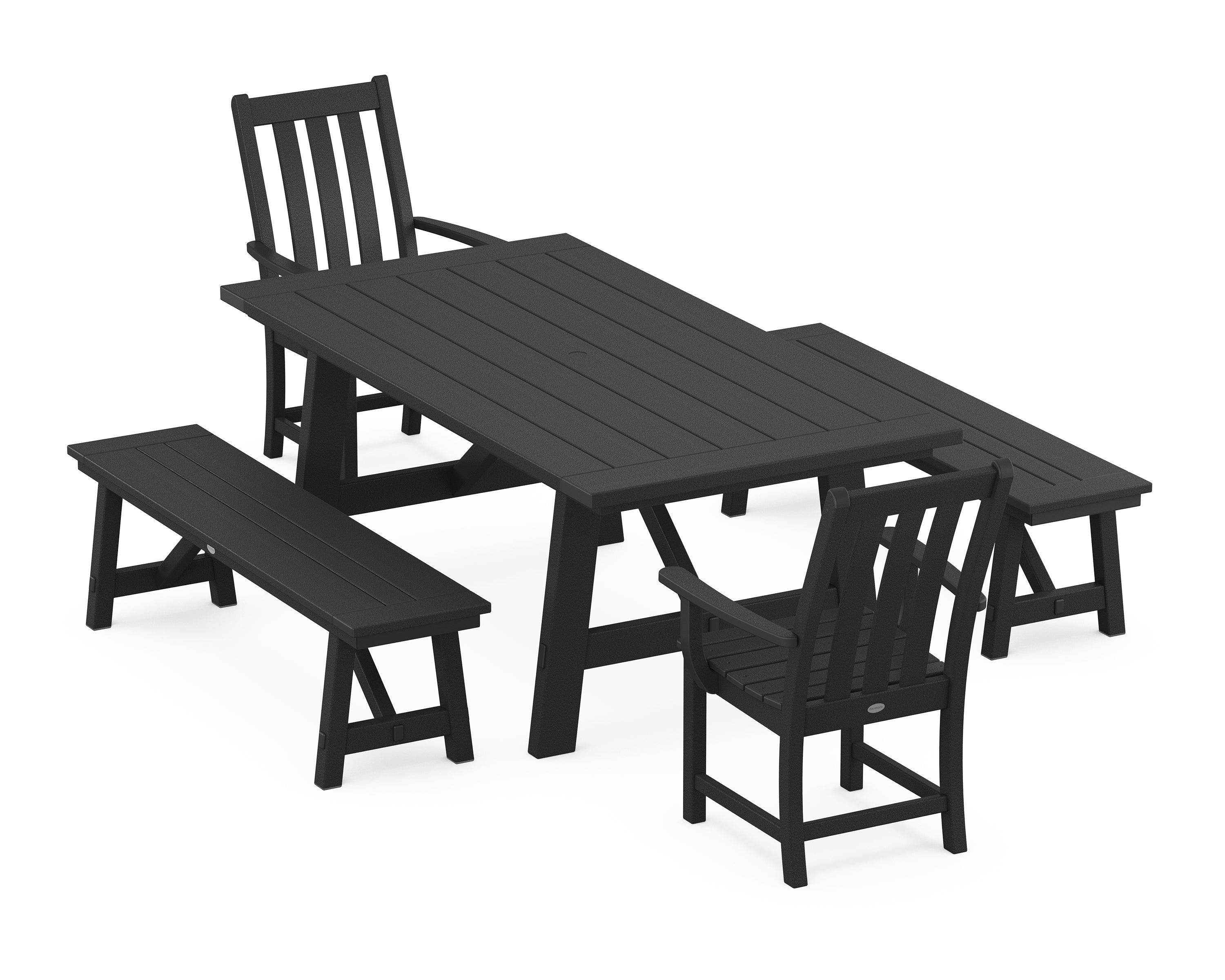 POLYWOOD® Vineyard 5-Piece Rustic Farmhouse Dining Set With Benches in Black