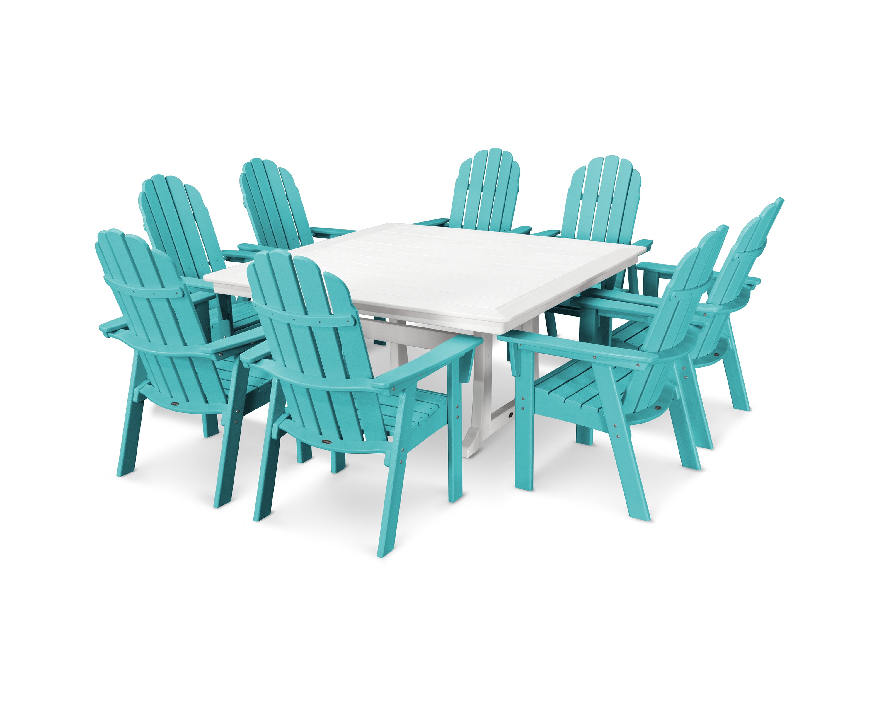 POLYWOOD® Vineyard Curveback Adirondack 9-Piece Nautical Trestle Dining Set in Aruba / White