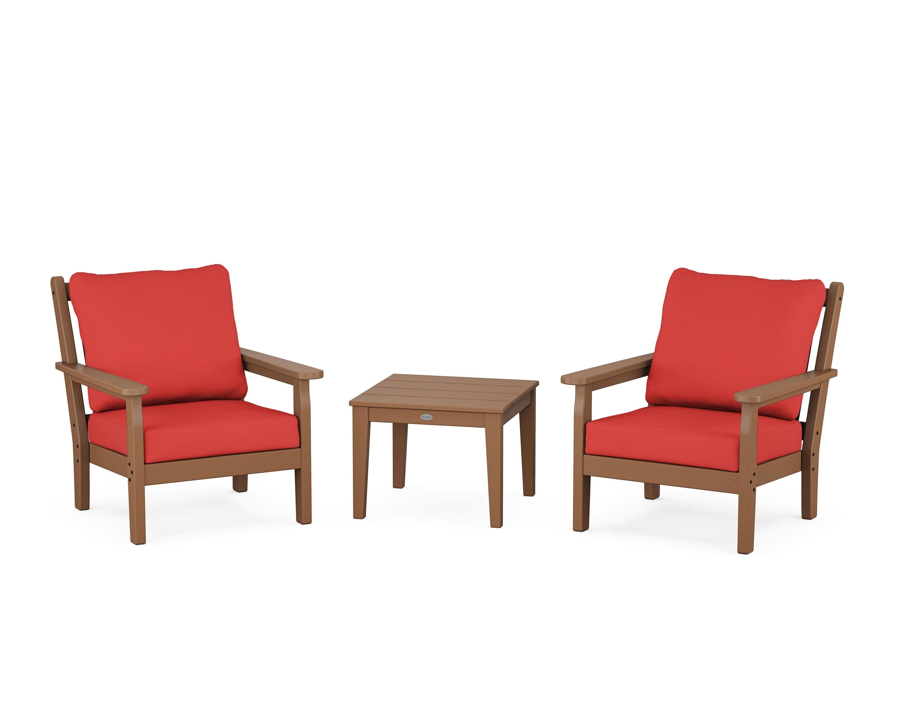 POLYWOOD Chippendale 3-Piece Deep Seating Set in Teak / Crimson Linen