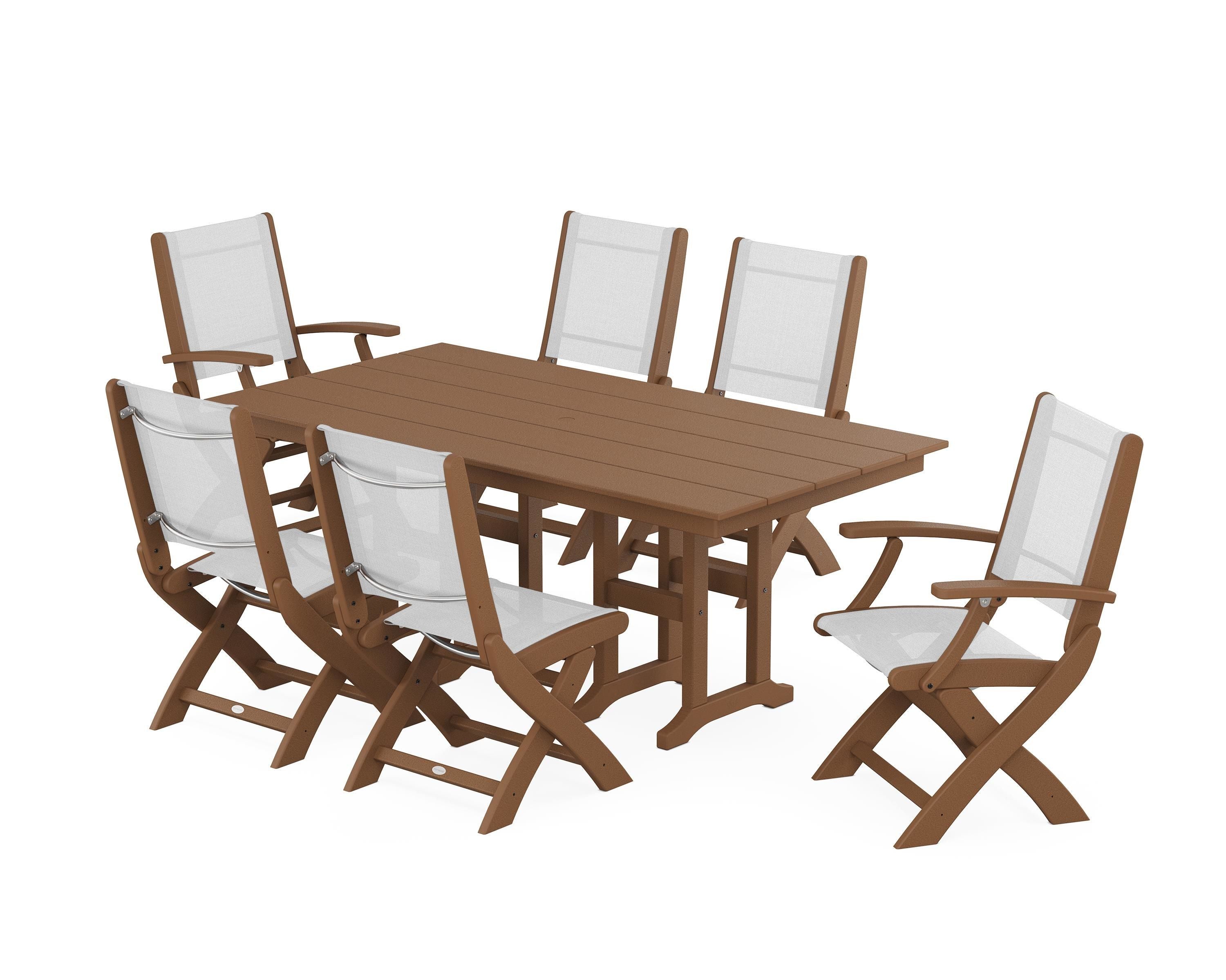POLYWOOD Coastal Folding Chair 7-Piece Farmhouse Dining Set in Teak / White Sling