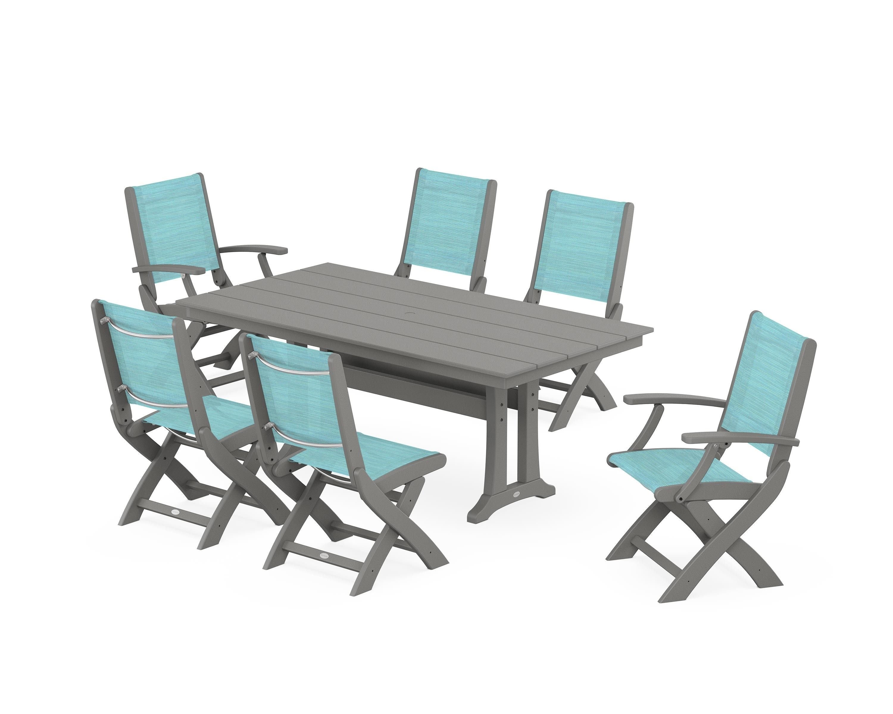 POLYWOOD Coastal Folding Chair 7-Piece Farmhouse Dining Set with Trestle Legs in Slate Grey / Dupioni Aquamarine Sling