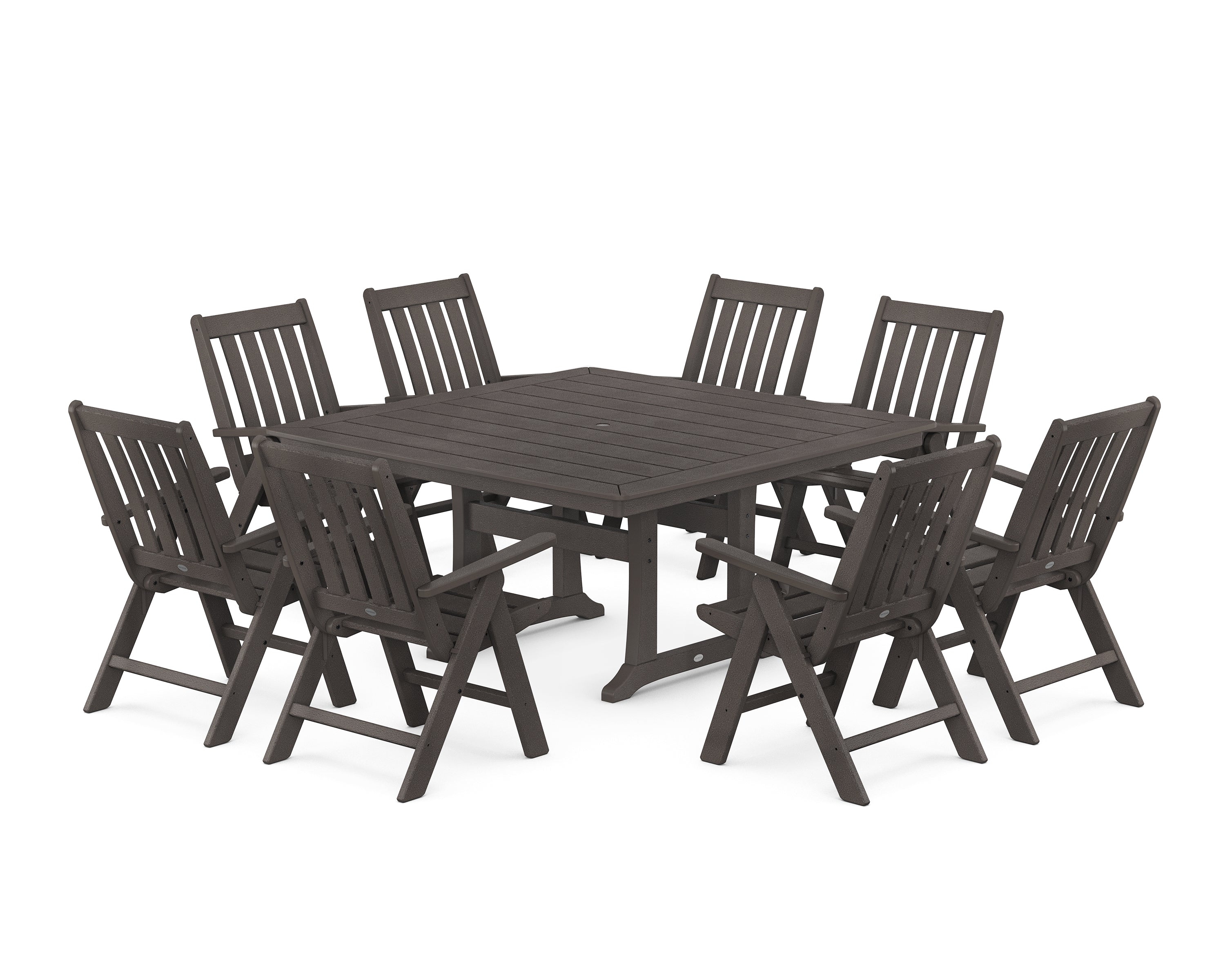 POLYWOOD Vineyard Folding Chair 9-Piece Square Dining Set with Trestle Legs in Vintage Coffee