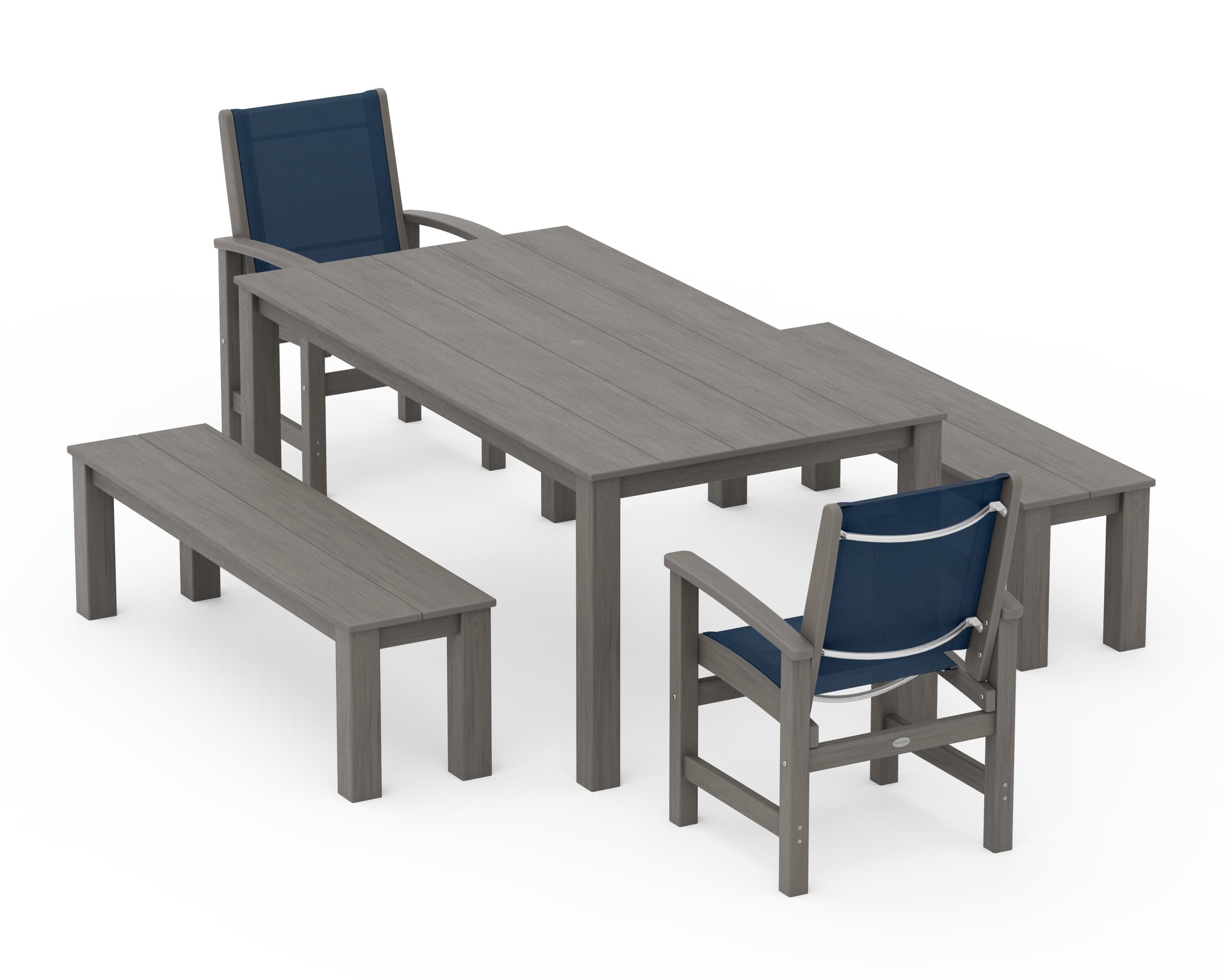 POLYWOOD Coastal 5-Piece Parsons Dining Set with Benches in Driftwood / Navy Blue Sling
