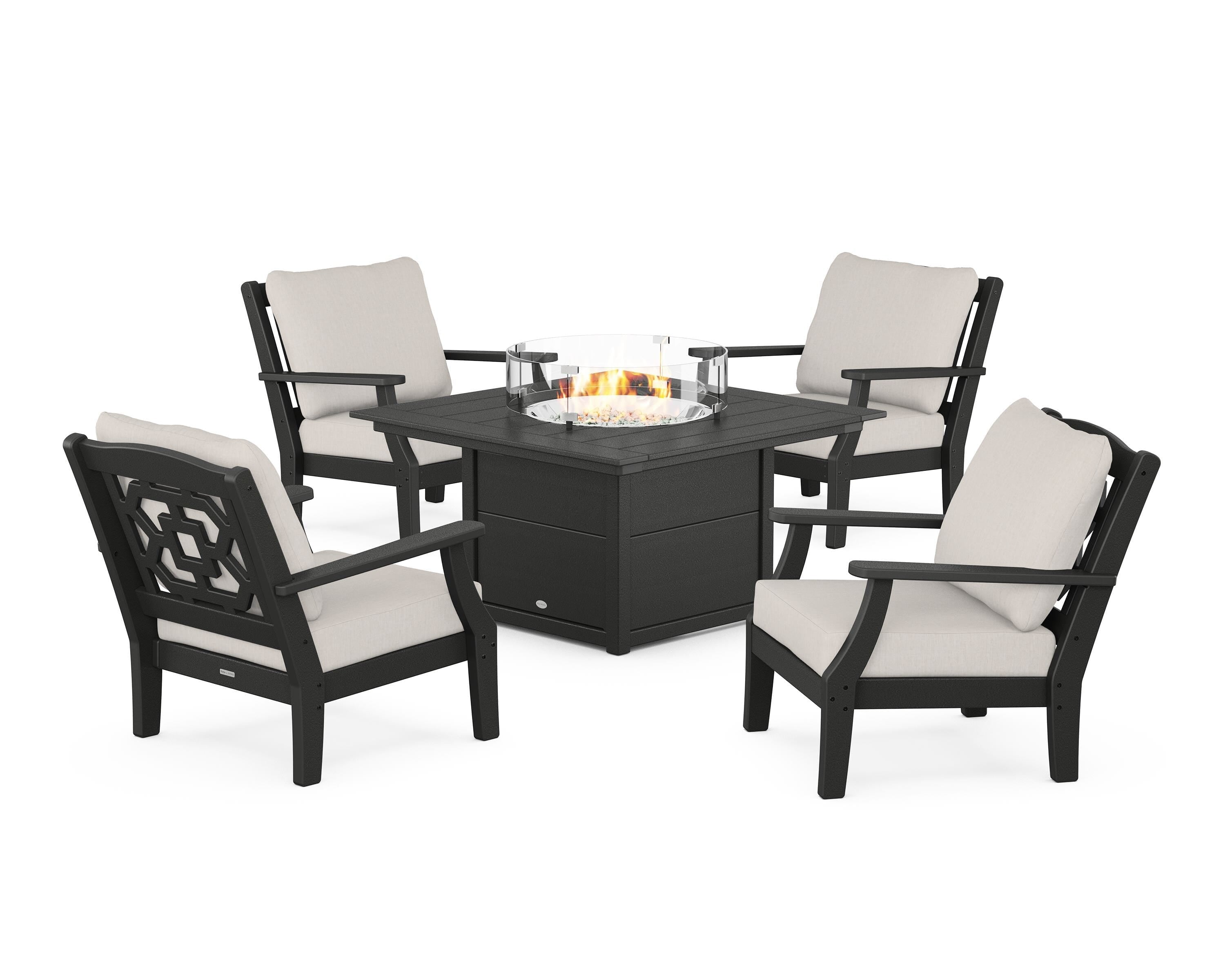 Martha Stewart by POLYWOOD Chinoiserie 5-Piece Deep Seating Set with Fire Pit Table in Black / Cast Ash