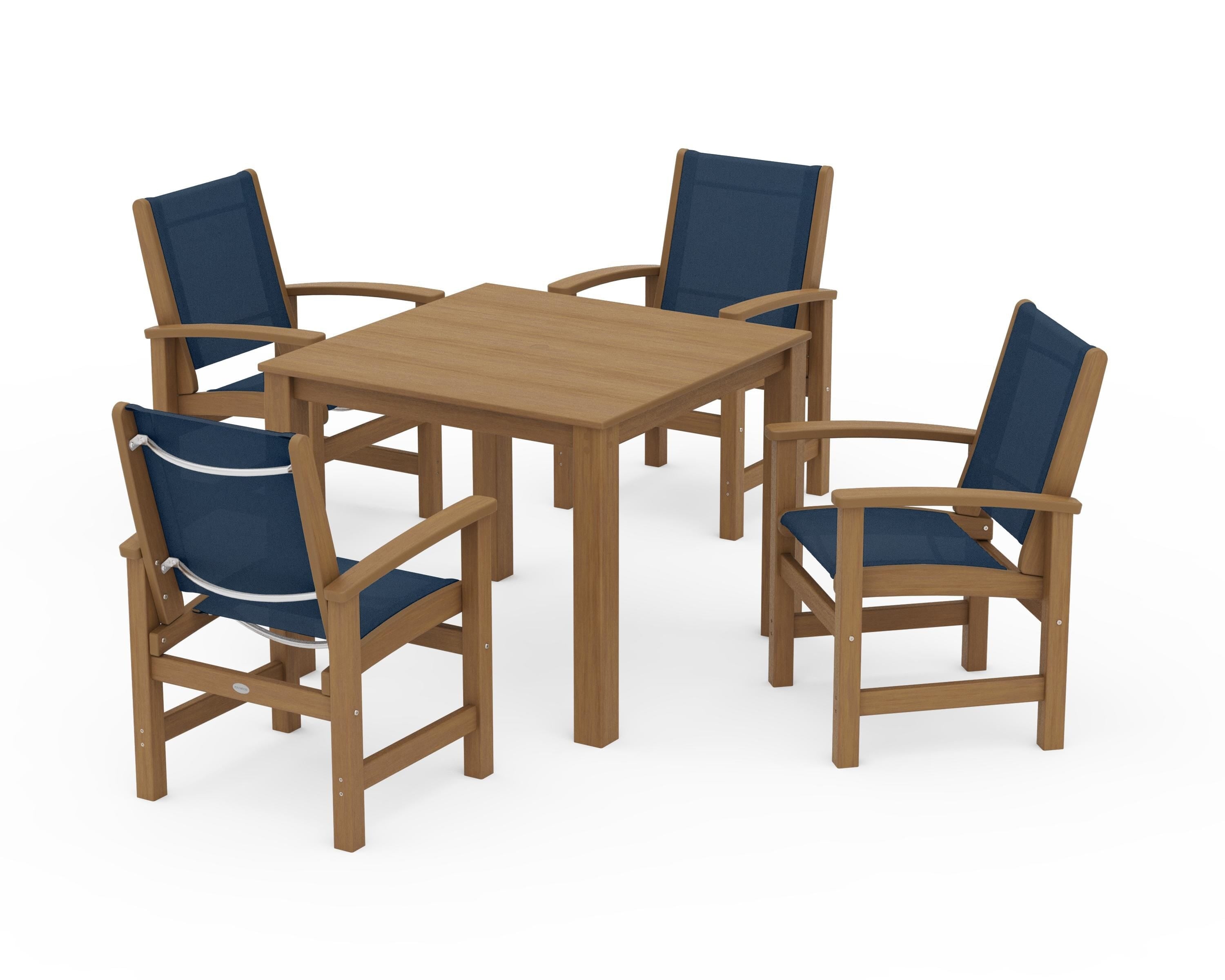 POLYWOOD Coastal 5-Piece Parsons Dining Set in Natural / Navy Blue Sling