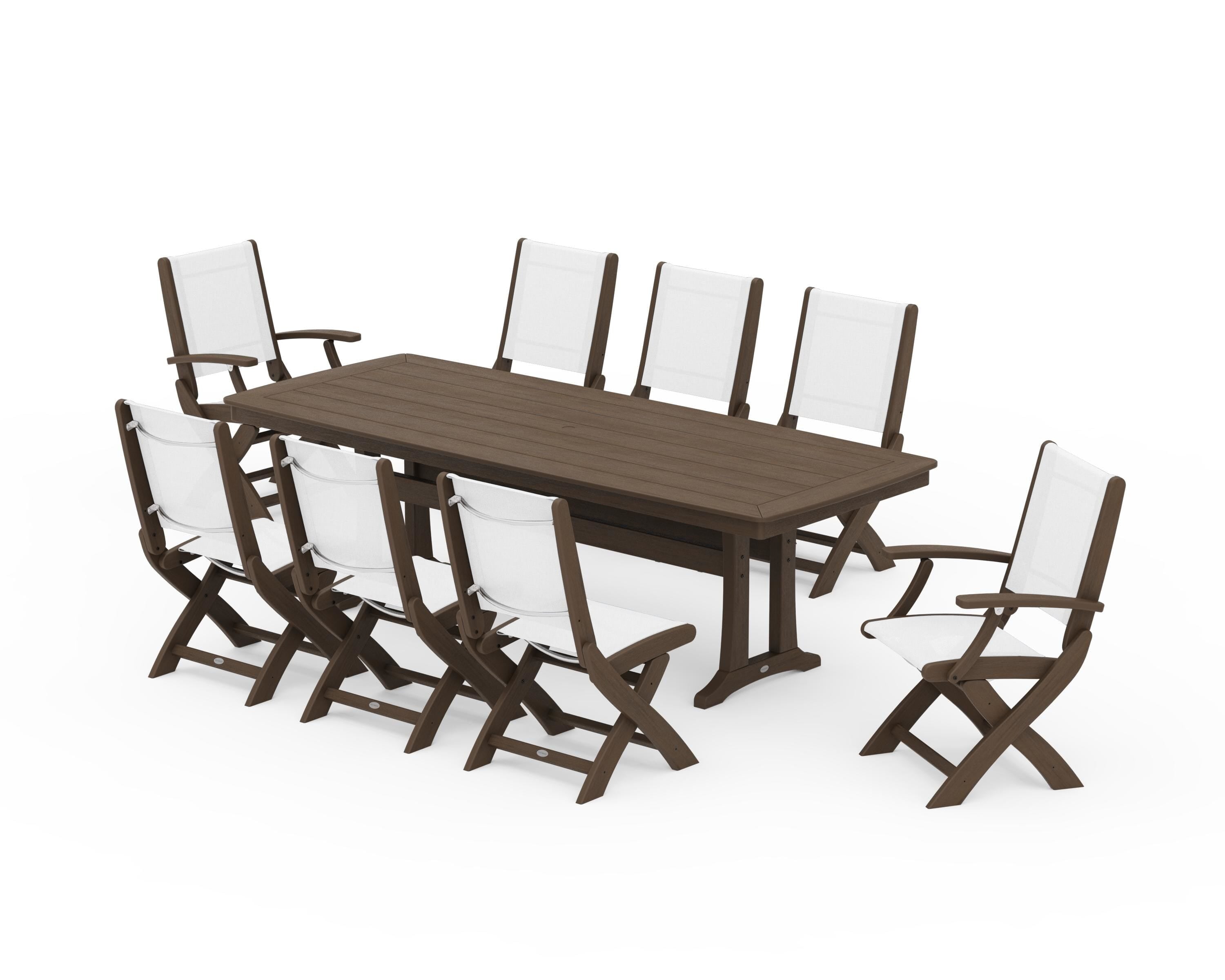 POLYWOOD Coastal Folding 9-Piece Dining Set with Trestle Legs in Kona / White Sling
