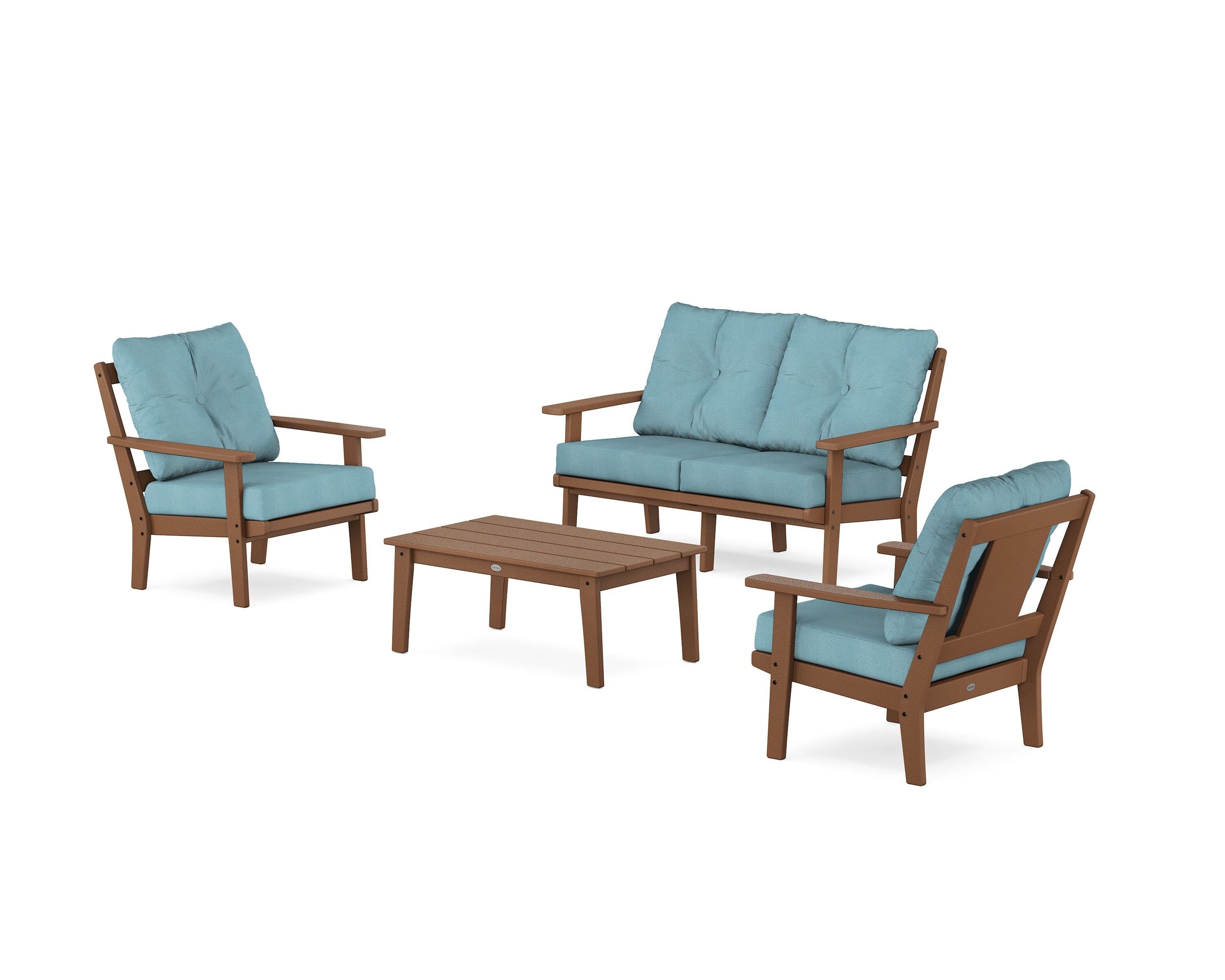 POLYWOOD Prairie 4-Piece Deep Seating Set with Loveseat in Teak / Lattice Sky Blue