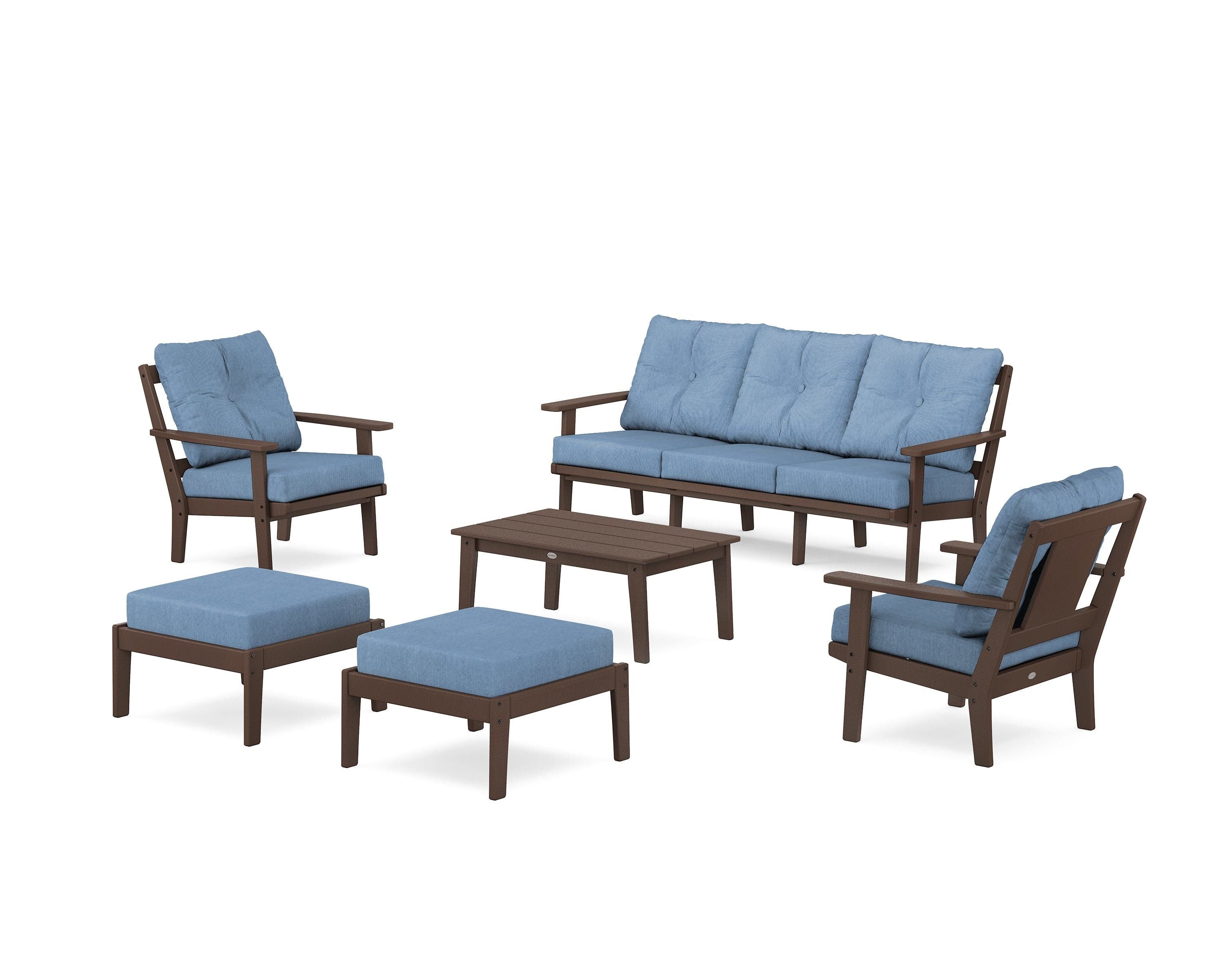 POLYWOOD Prairie 6-Piece Lounge Sofa Set in Mahogany / Sky Blue