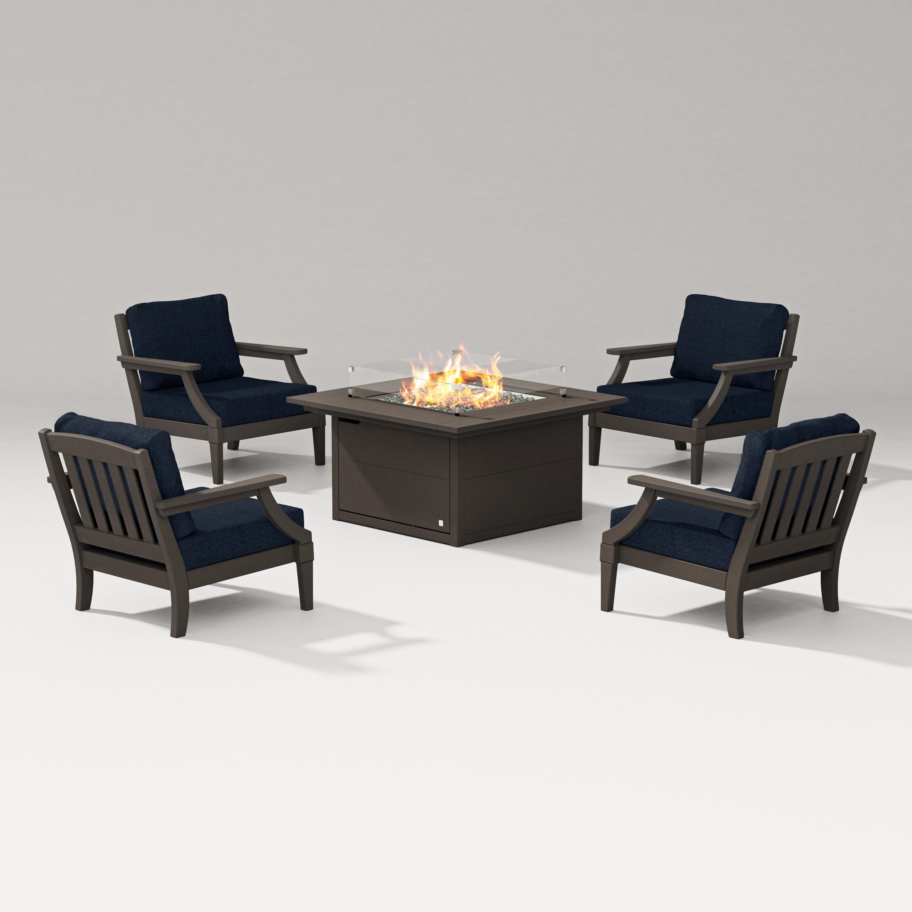 PW Designer Series Estate 5-Piece Lounge Fire Table Set in Vintage Coffee / Marine Indigo