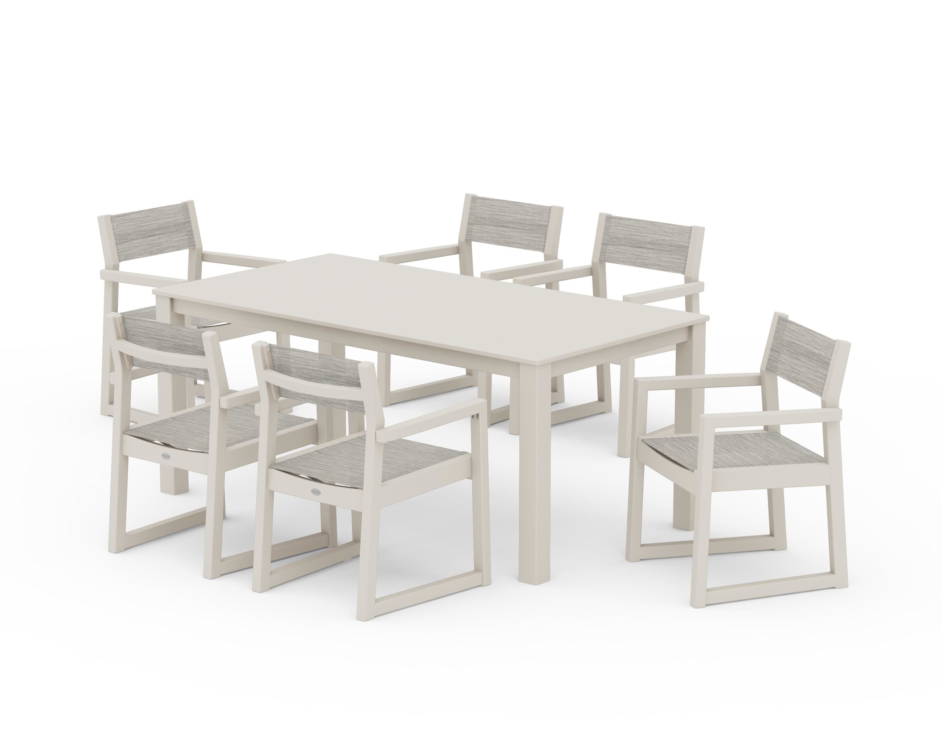 POLYWOOD EDGE Sling Arm Chair 7-Piece Parsons Dining Set in Sand / Birch Sling
