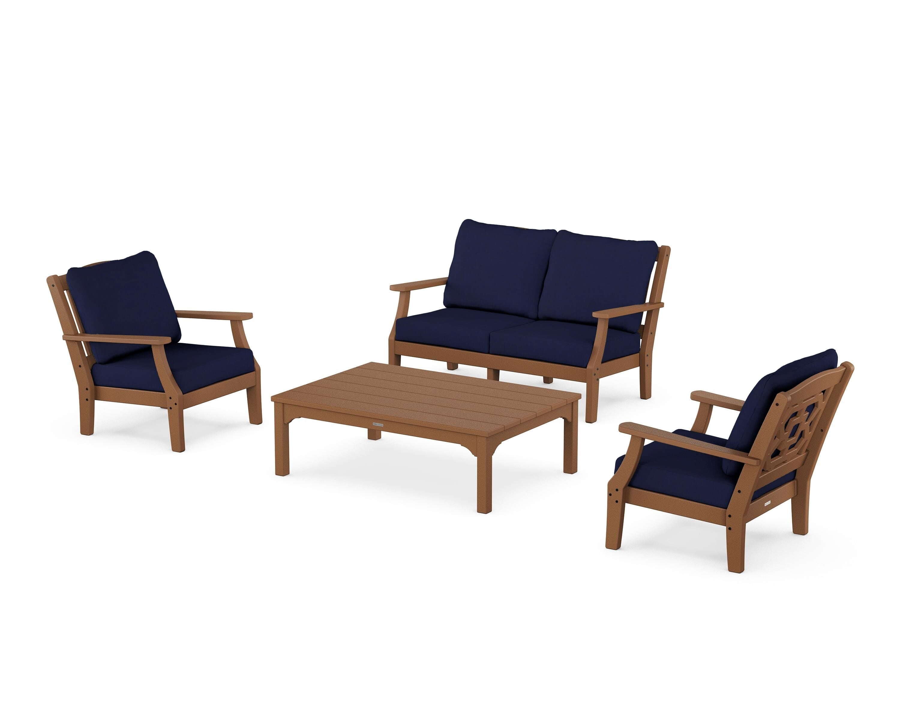 Martha Stewart by POLYWOOD Chinoiserie 4-Piece Deep Seating Set with Loveseat in Teak / Navy