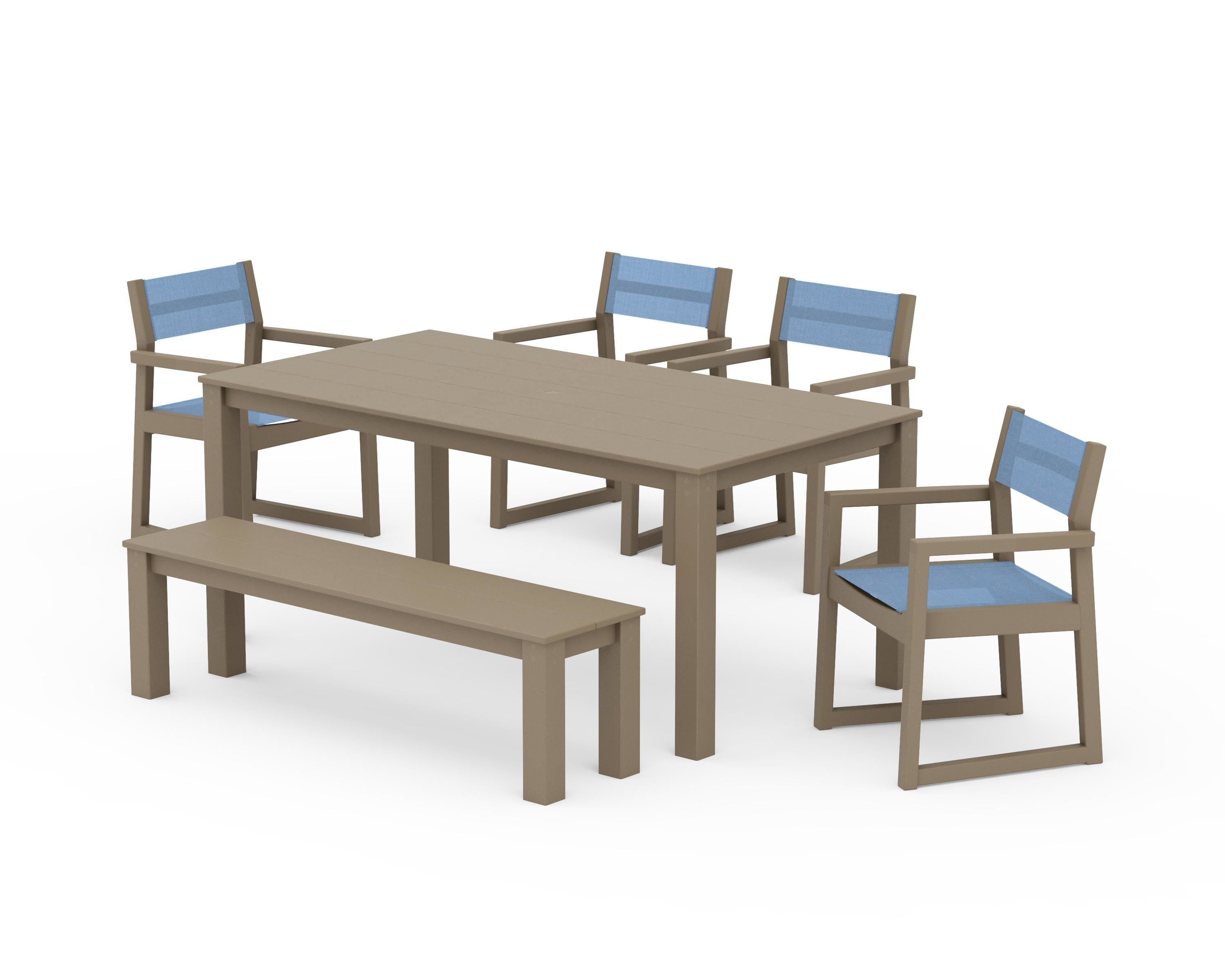 POLYWOOD EDGE Sling Arm Chair 6-Piece Parsons Dining Set with Bench in Vintage Sahara / Poolside Sling