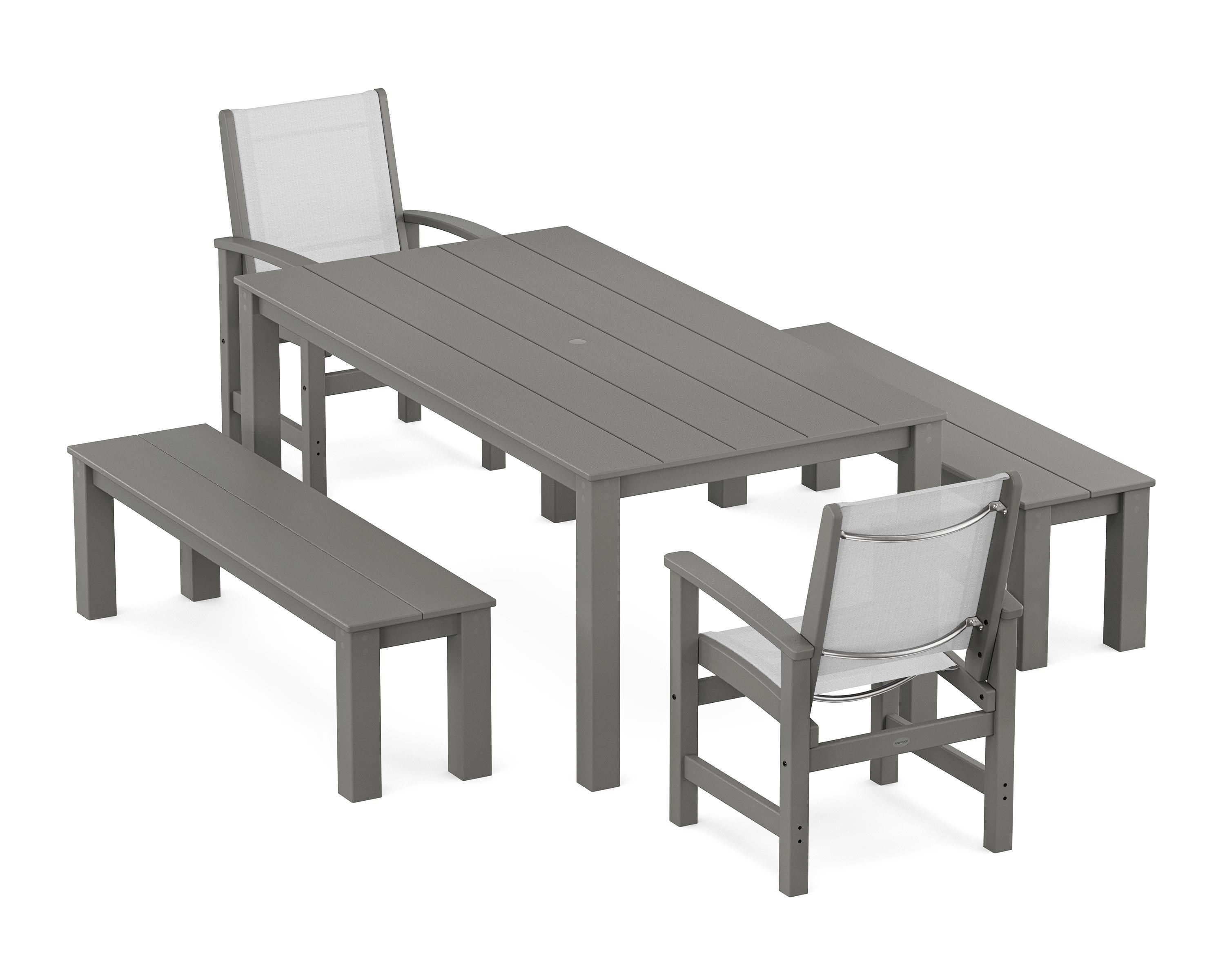 POLYWOOD Coastal 5-Piece Parsons Dining Set with Benches in Slate Grey / White Sling