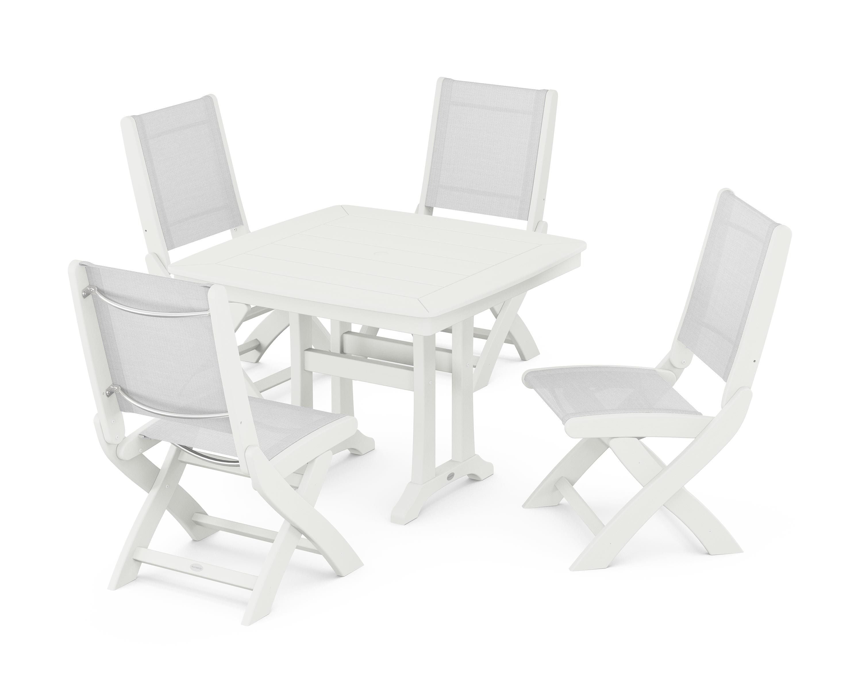 POLYWOOD Coastal Folding Side Chair 5-Piece Dining Set with Trestle Legs in Vintage White / White Sling