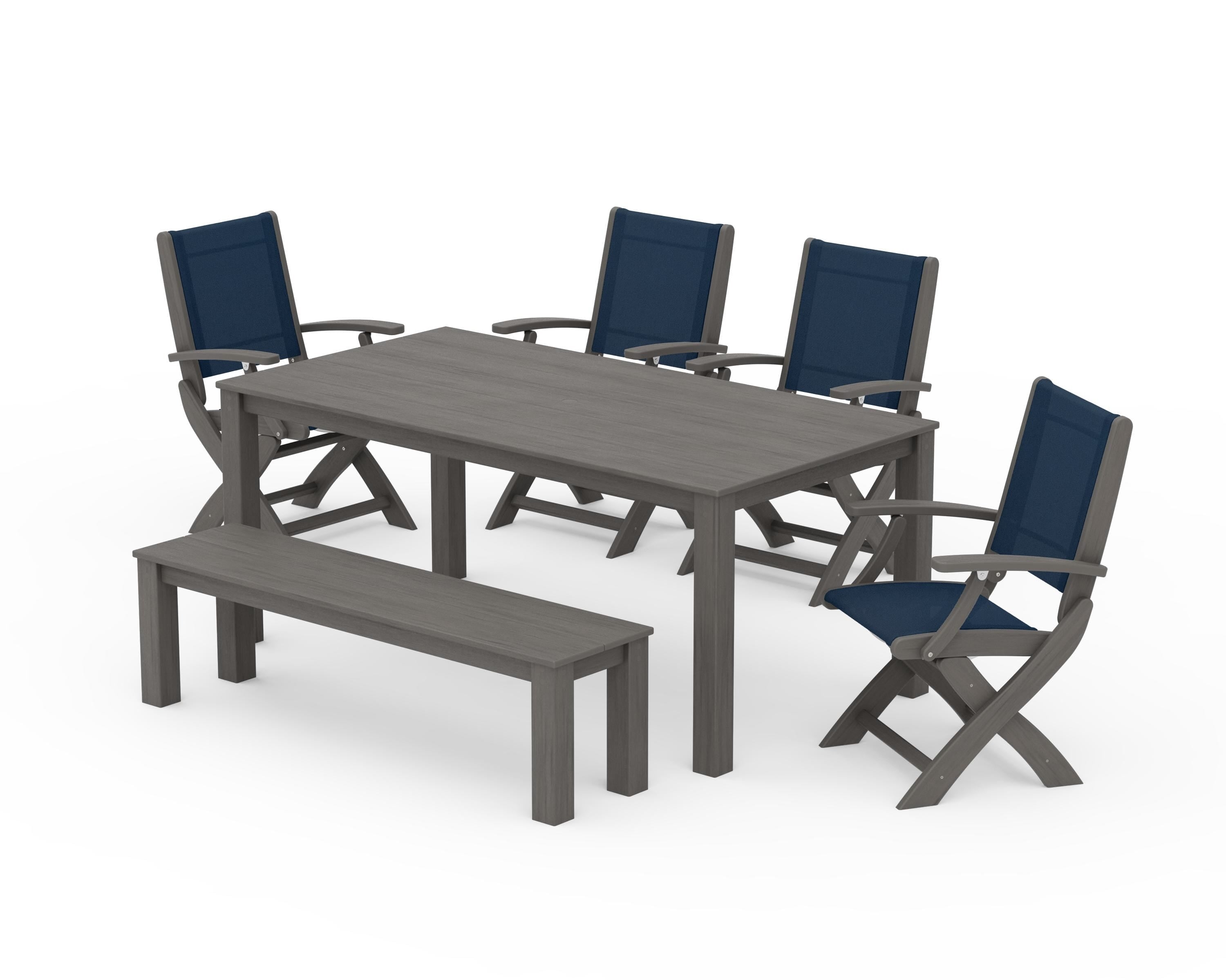 POLYWOOD Coastal Folding Chair 6-Piece Parsons Dining Set with Bench in Driftwood / Navy Blue Sling
