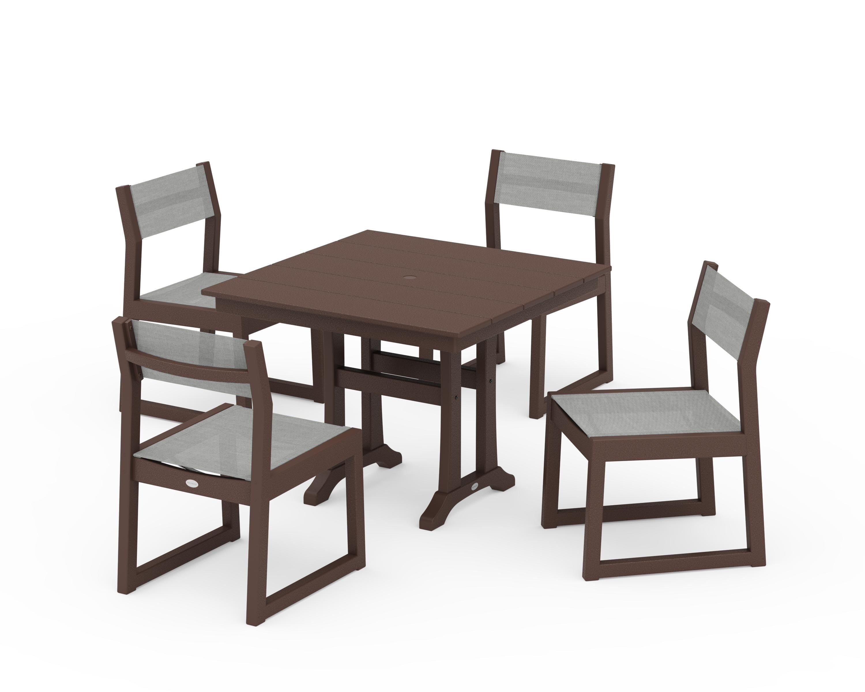 POLYWOOD EDGE Sling 5-Piece Farmhouse Trestle Side Chair Dining Set in Mahogany / Metallic Sling