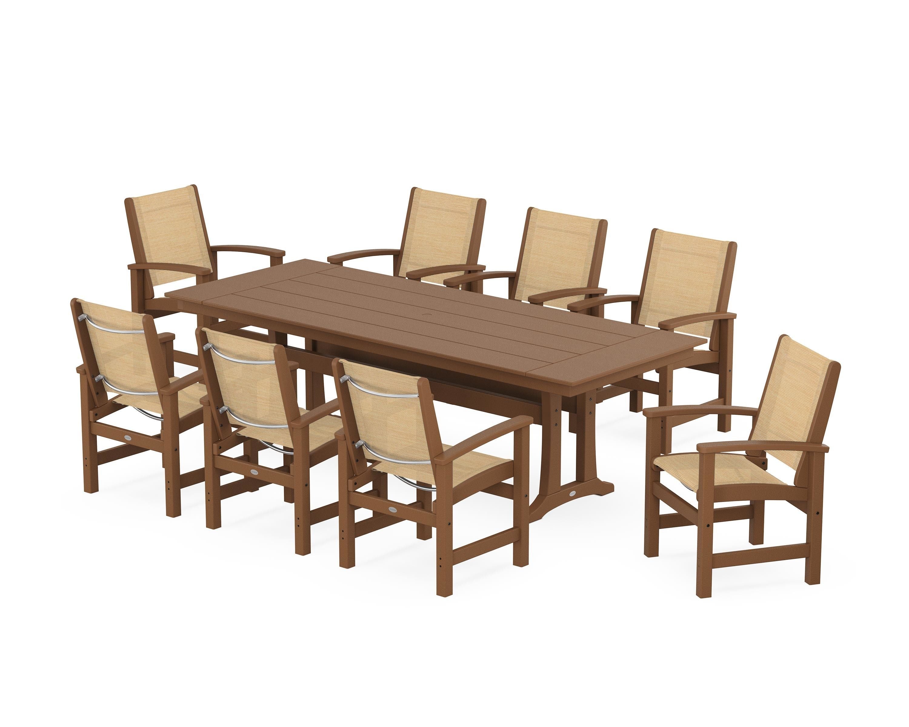 POLYWOOD Coastal 9-Piece Farmhouse Dining Set with Trestle Legs in Teak / Dupioni Apricot Sling
