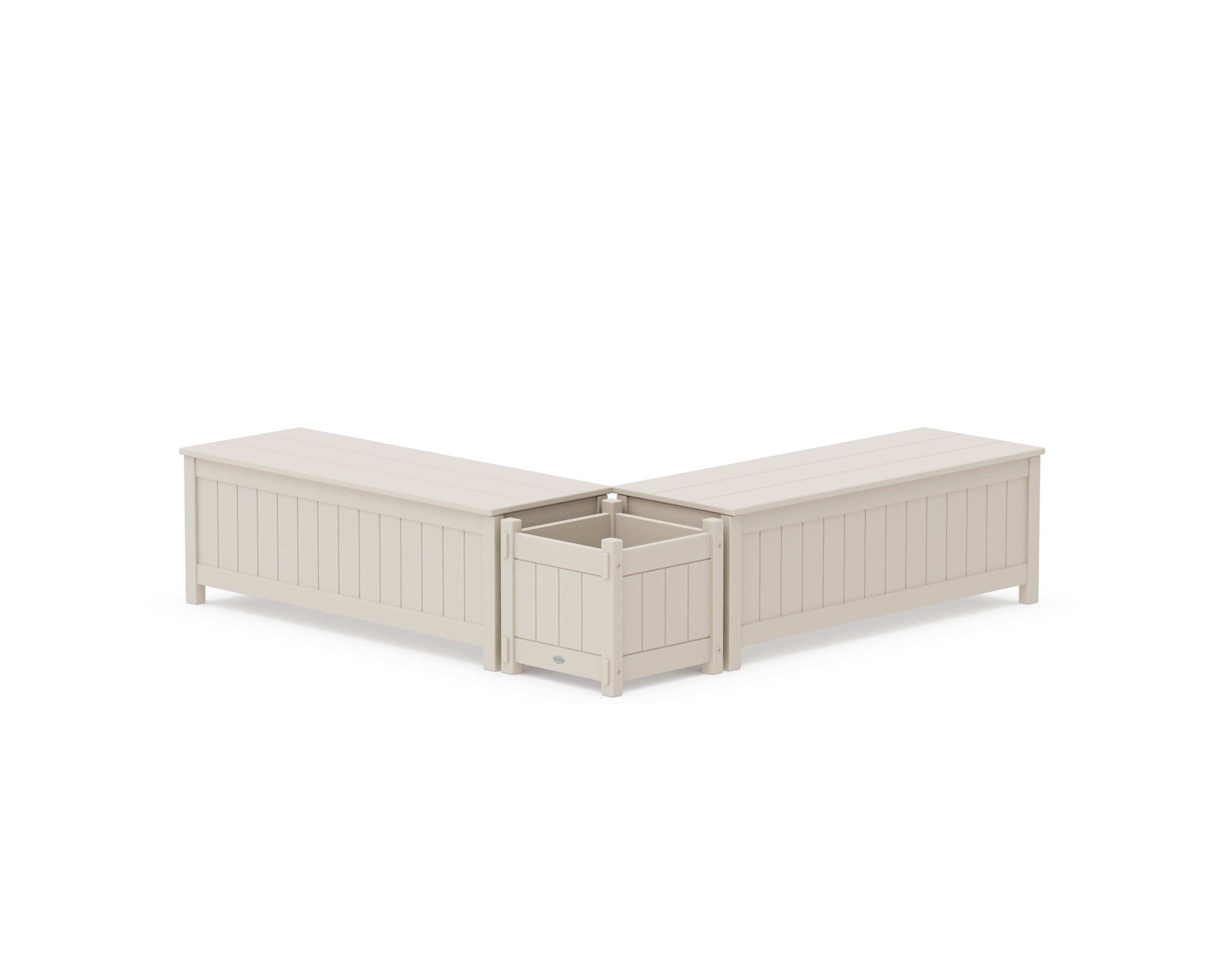 POLYWOOD 48" Vineyard L- Shaped Planter Storage Bench Set in Sand
