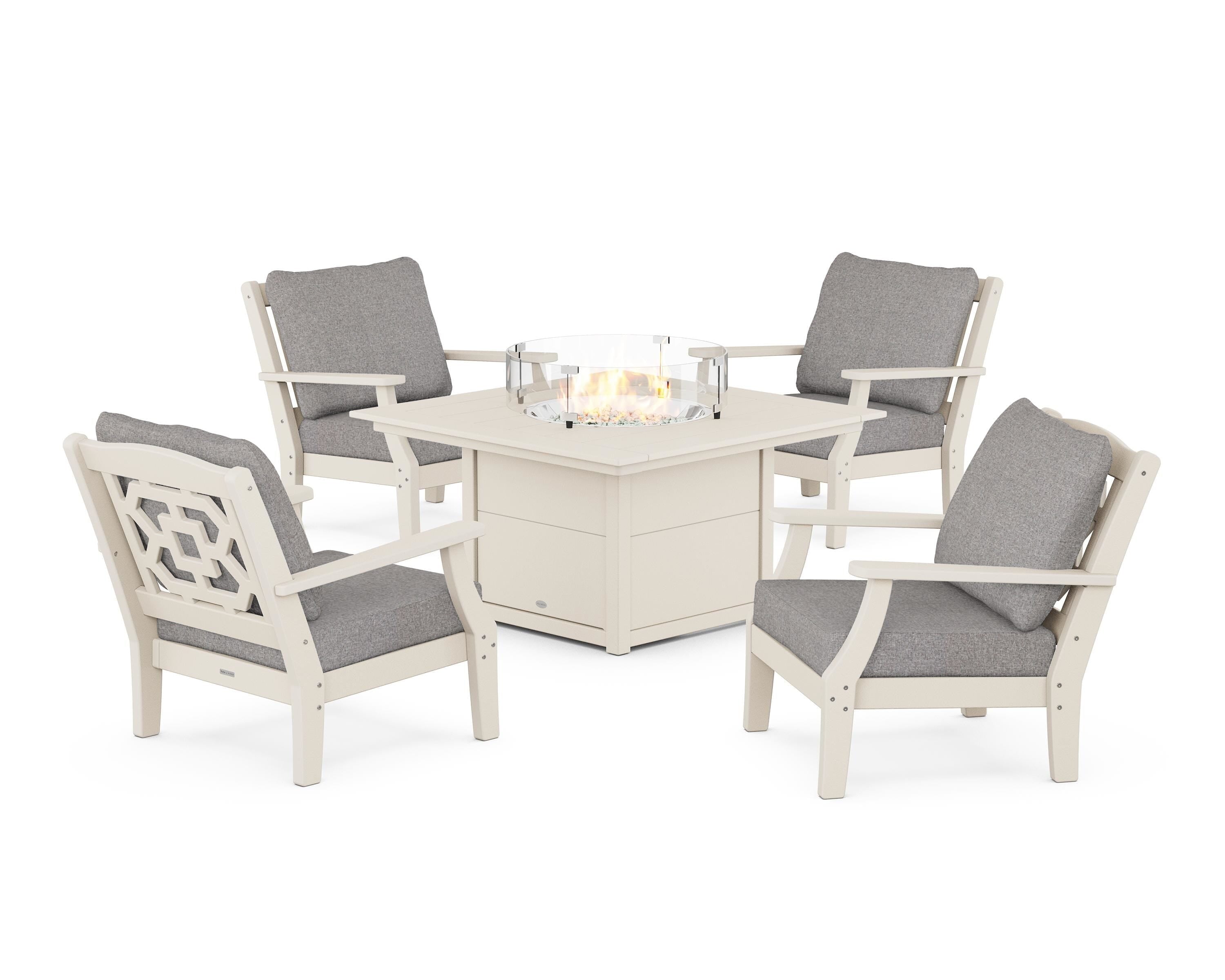 Martha Stewart by POLYWOOD Chinoiserie 5-Piece Deep Seating Set with Fire Pit Table in Sand / Grey Mist