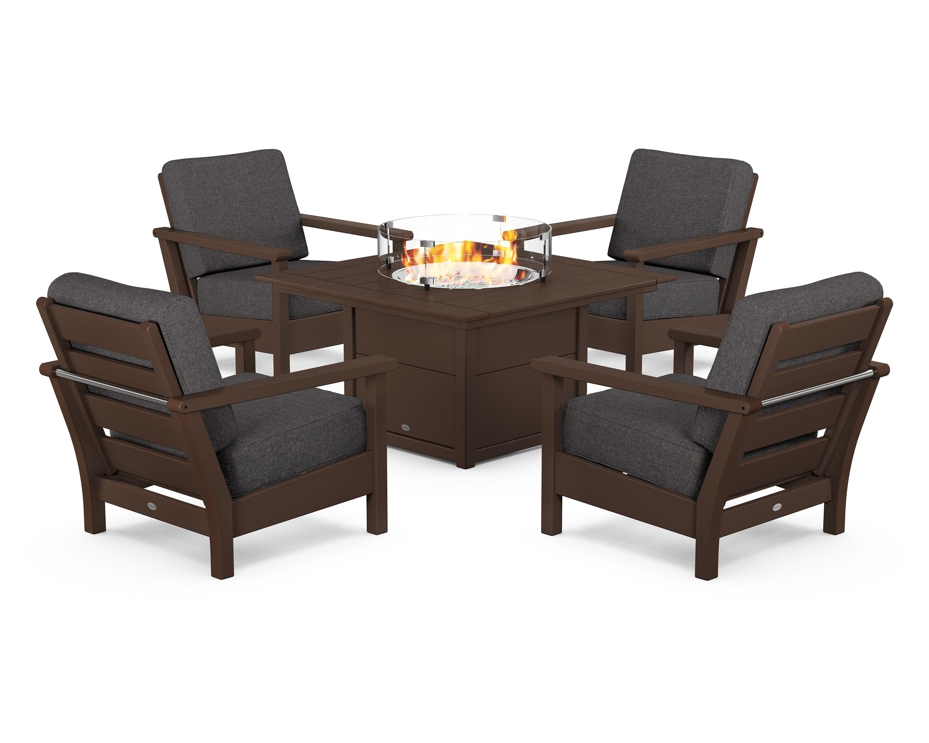 POLYWOOD Harbour 5-Piece Conversation Set with Fire Pit Table in Mahogany / Ash Charcoal