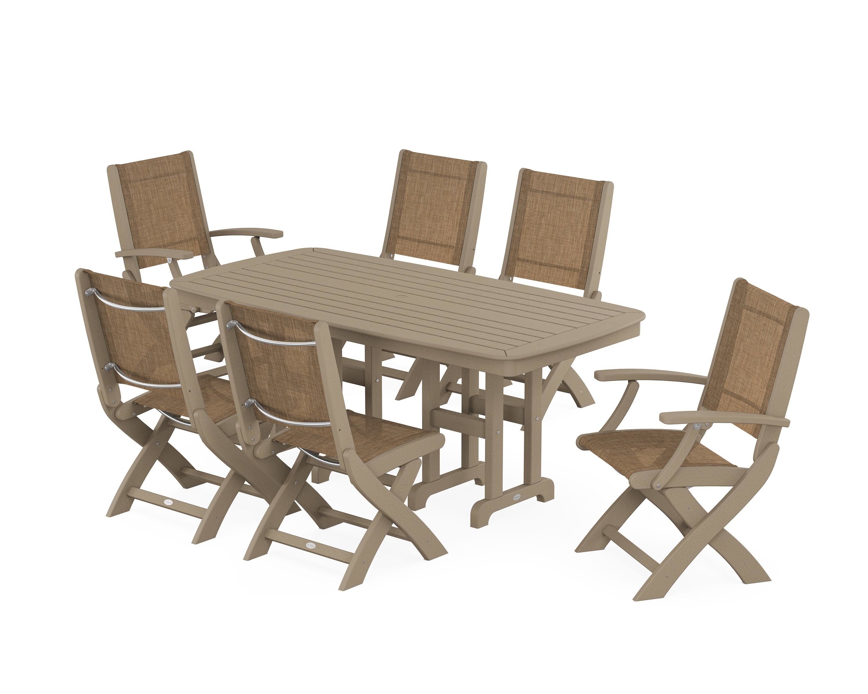 POLYWOOD Coastal Folding Chair 7-Piece Dining Set in Vintage Sahara / Burlap Sling