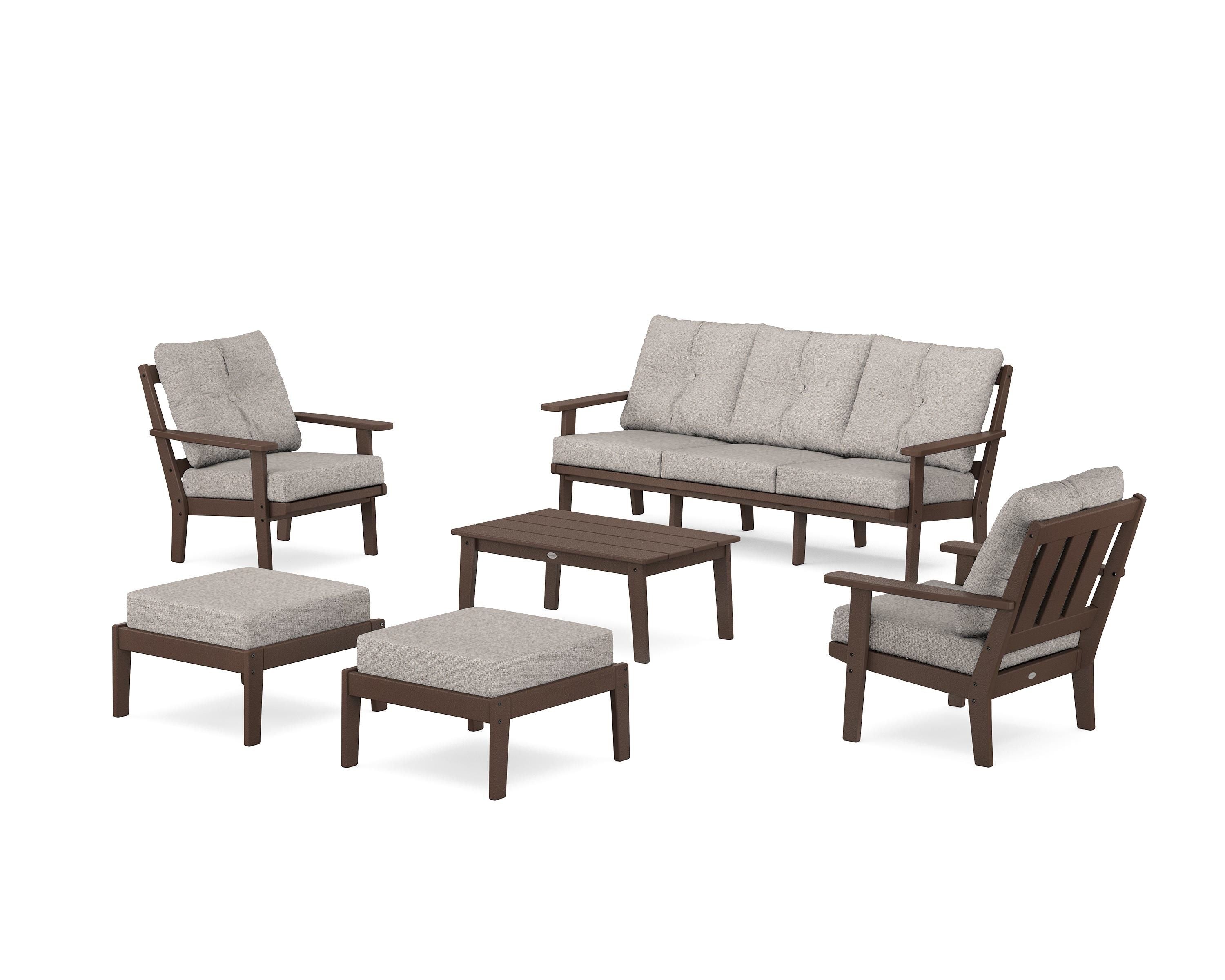 POLYWOOD Oxford 6-Piece Lounge Sofa Set in Mahogany / Weathered Tweed