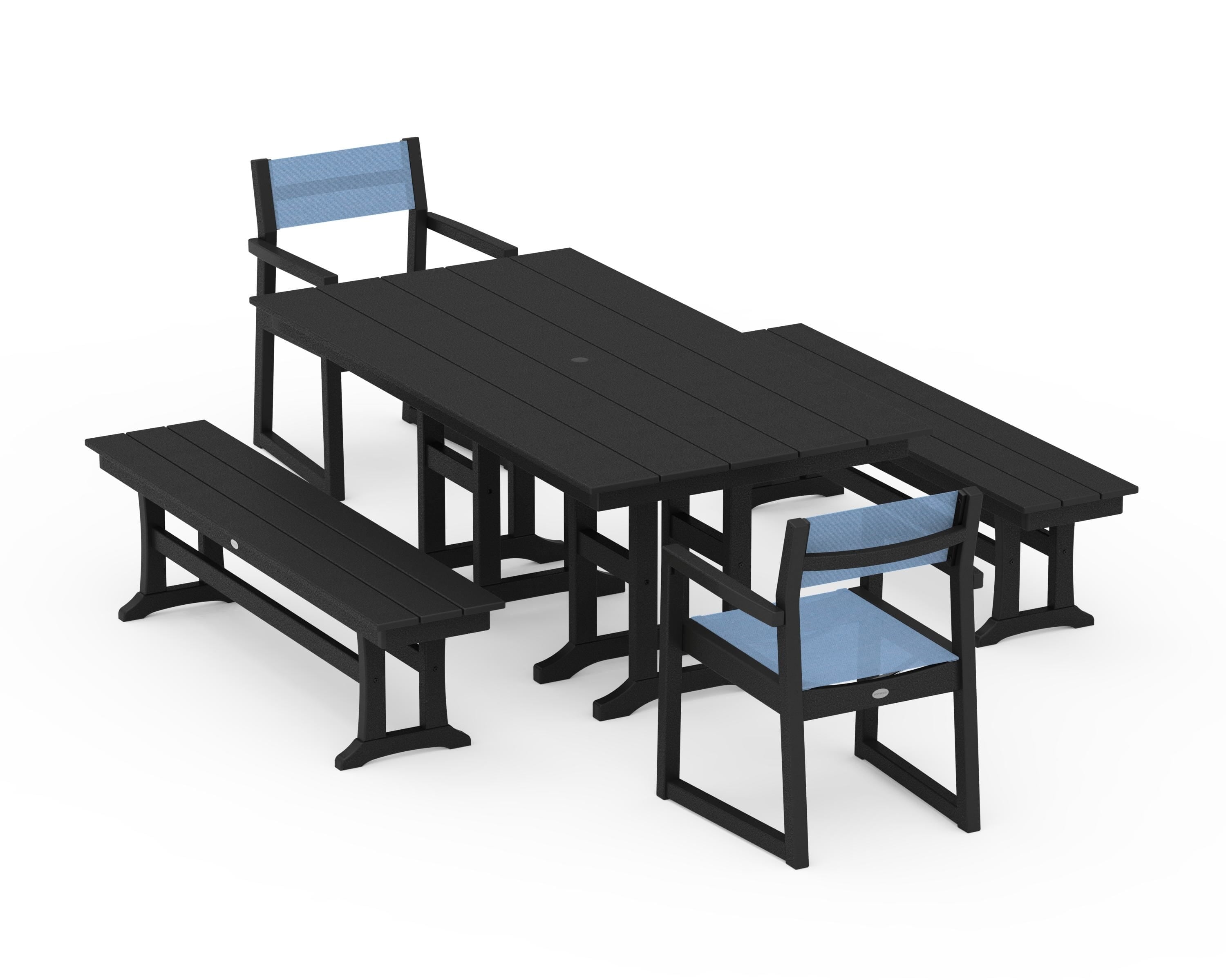 POLYWOOD EDGE Sling Arm Chair 5-Piece Farmhouse Dining Set with Benches in Black / Poolside Sling