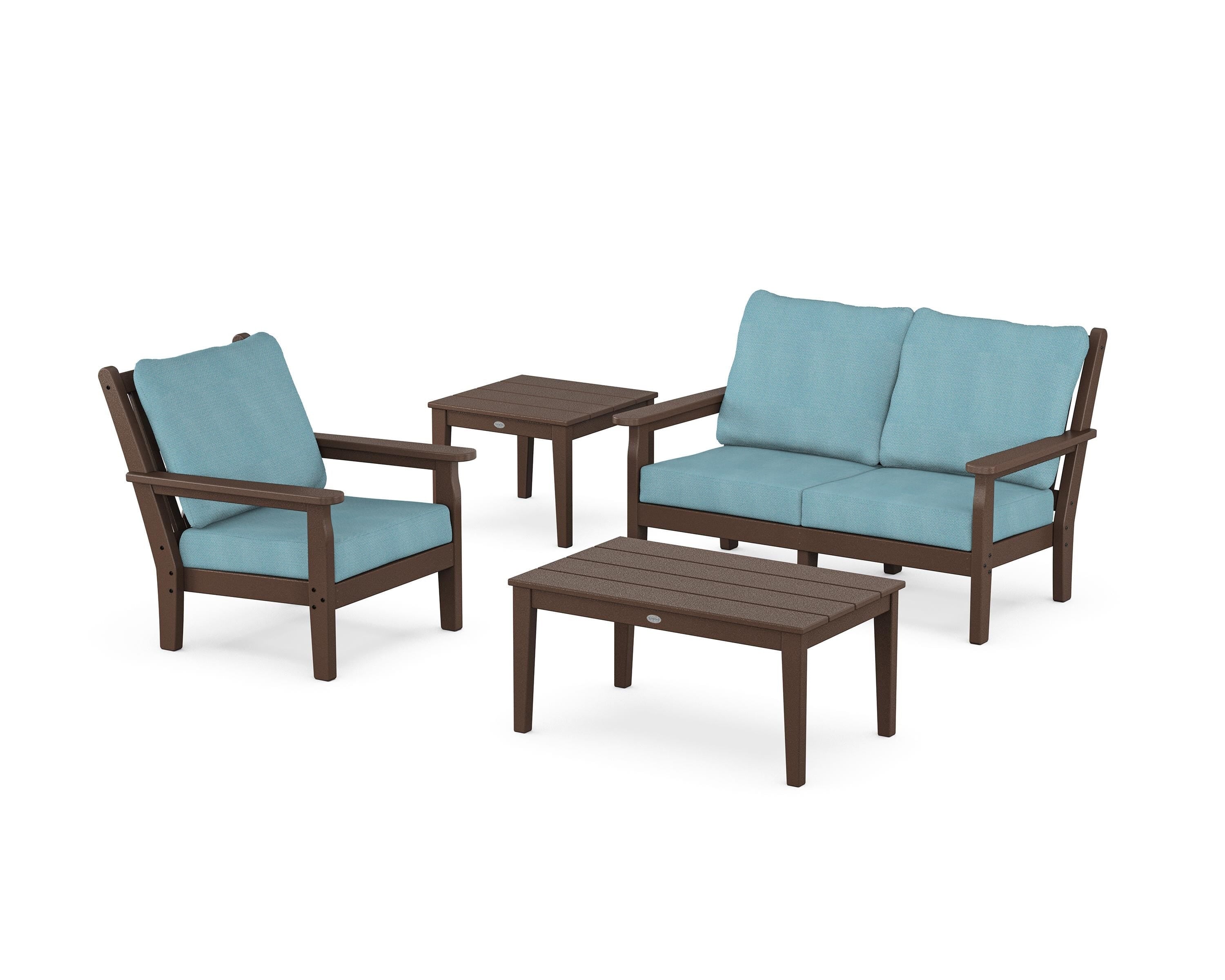 POLYWOOD Chippendale 4-Piece Deep Seating Set in Mahogany / Lattice Sky Blue