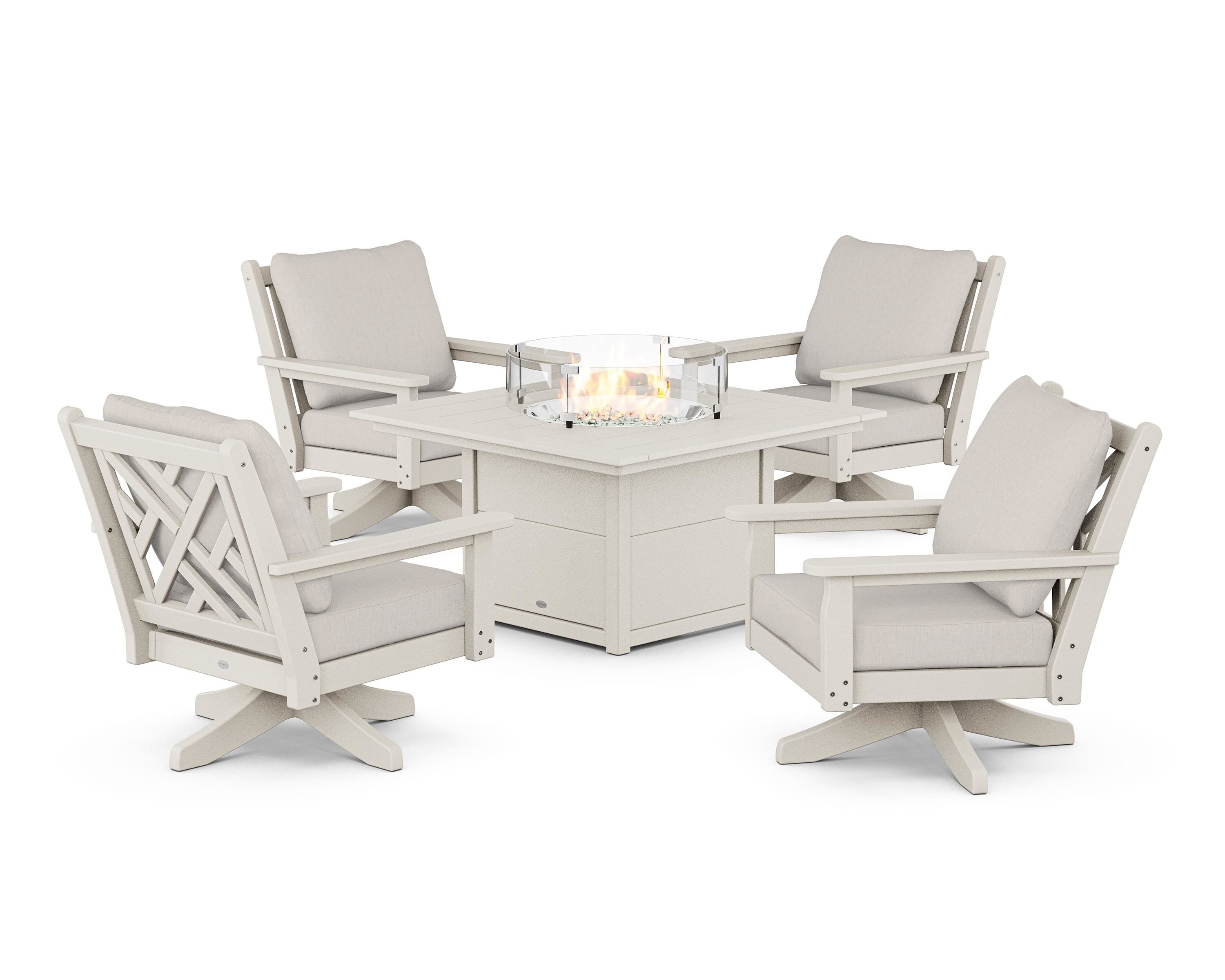 POLYWOOD Chippendale 5-Piece Deep Seating Swivel Conversation Set with Fire Pit Table in Sand / Cast Ash