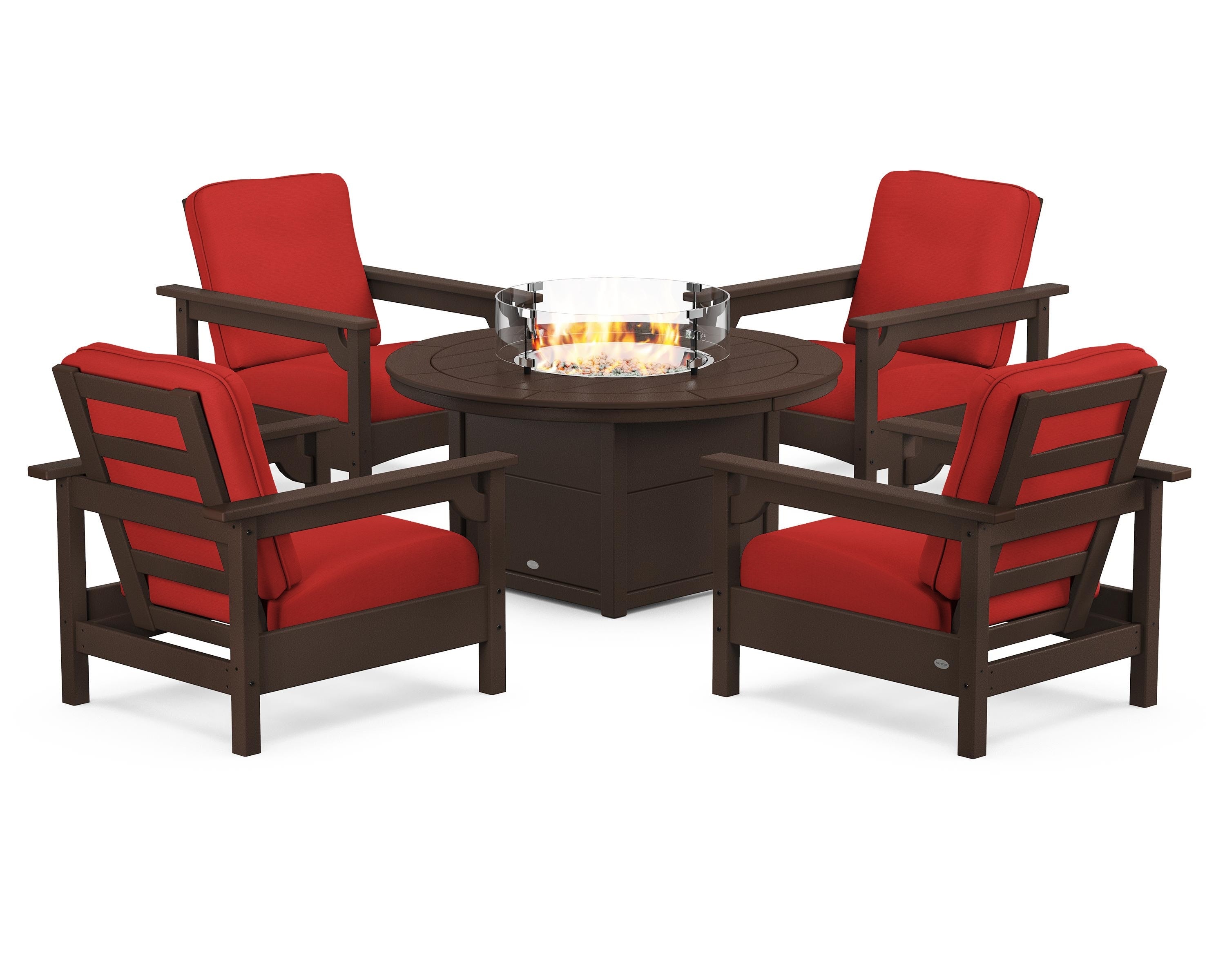 POLYWOOD Club 5-Piece Conversation Set with Fire Pit Table in Mahogany / Crimson Linen