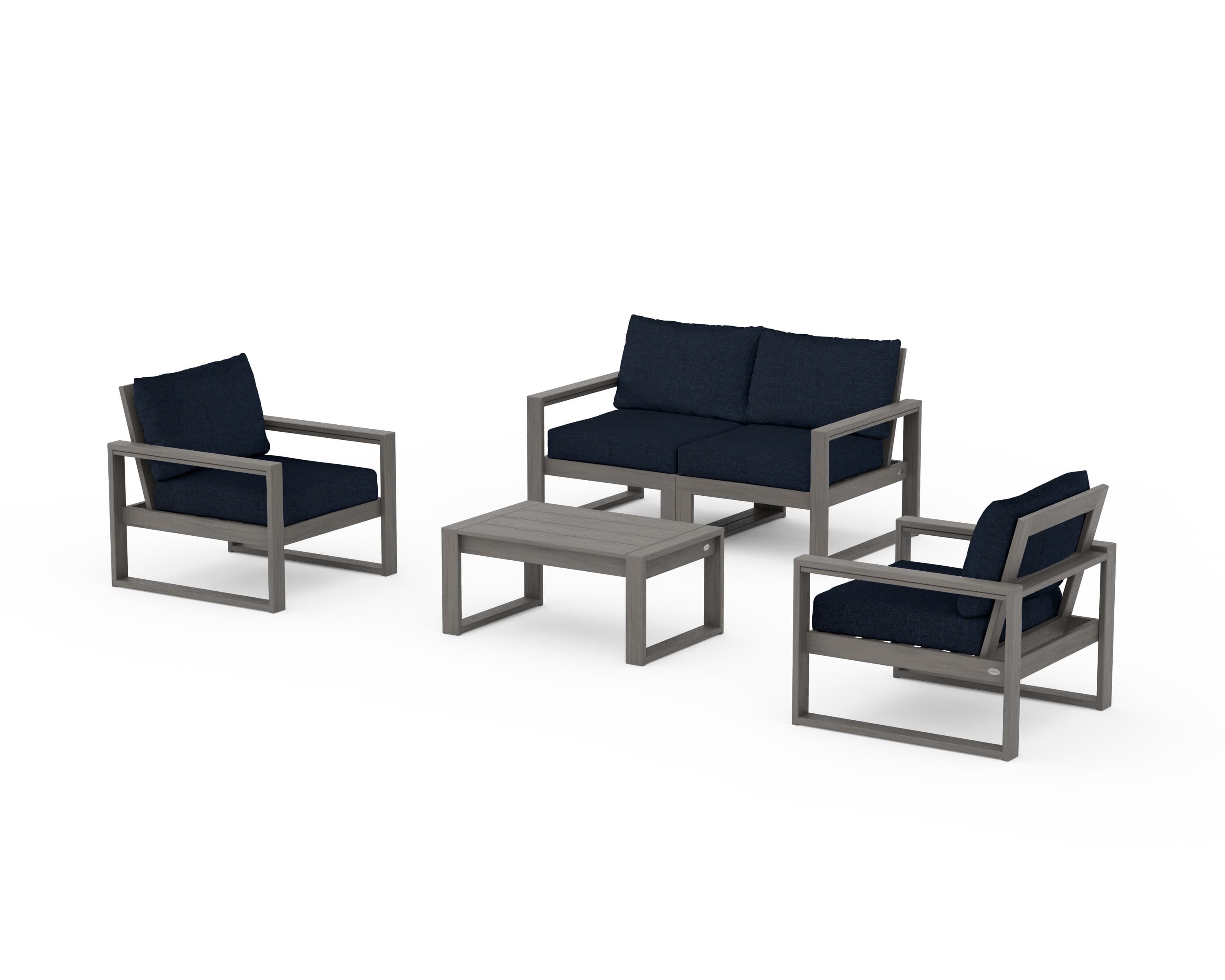 POLYWOOD EDGE Sectional 4-Piece Deep Seating Set with Loveseat in Driftwood / Marine Indigo