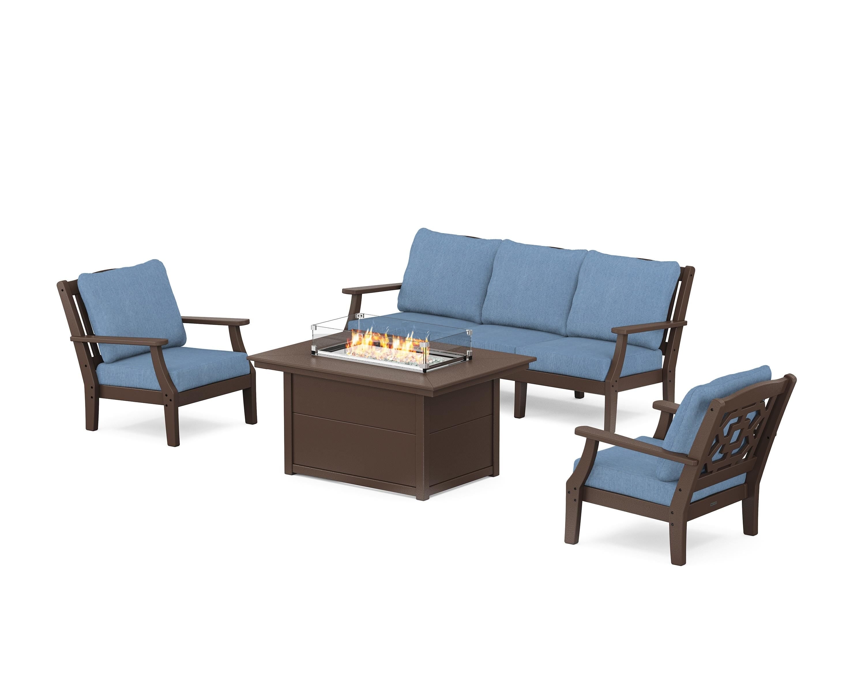 Martha Stewart by POLYWOOD Chinoiserie Deep Seating Fire Pit Table Set in Mahogany / Sky Blue