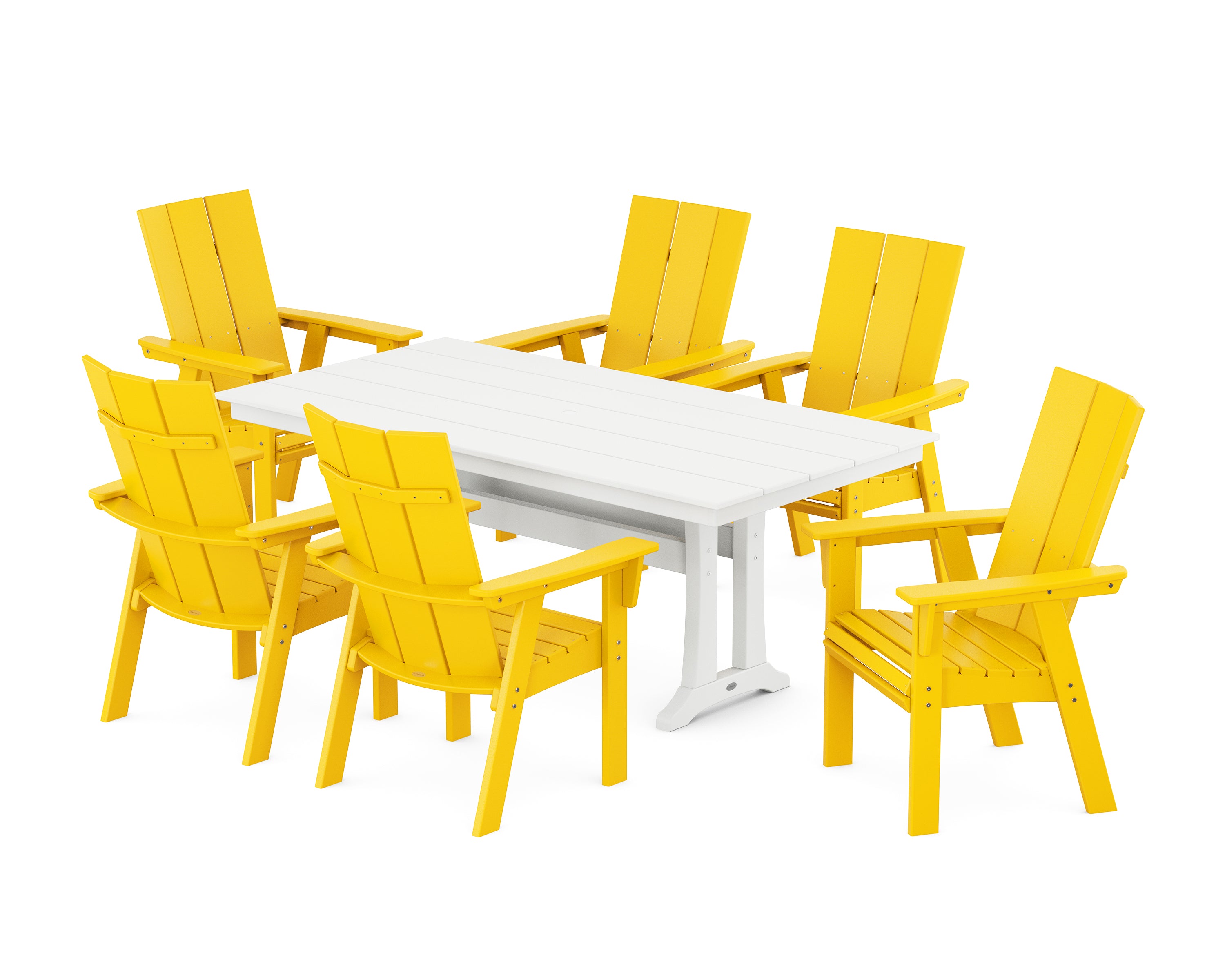 POLYWOOD® Modern Curveback Adirondack 7-Piece Farmhouse Dining Set with Trestle Legs in Lemon / White