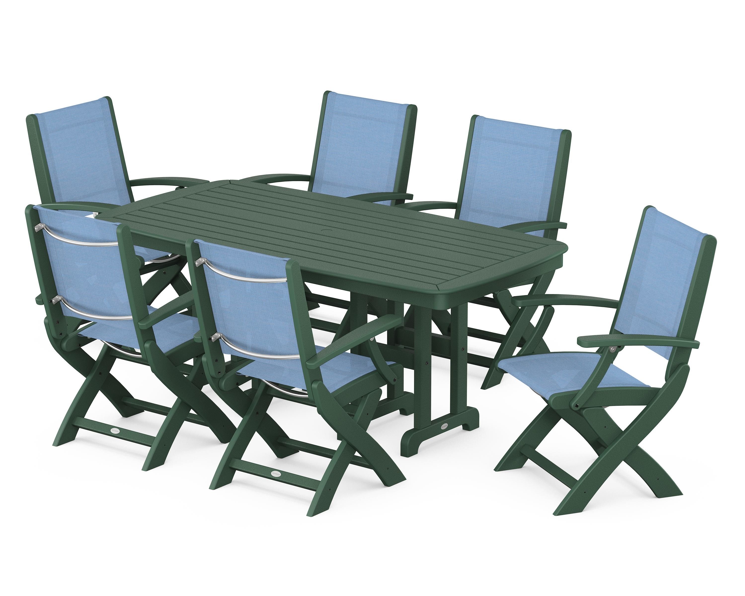 POLYWOOD Coastal Folding Arm Chair 7-Piece Dining Set in Green / Poolside Sling