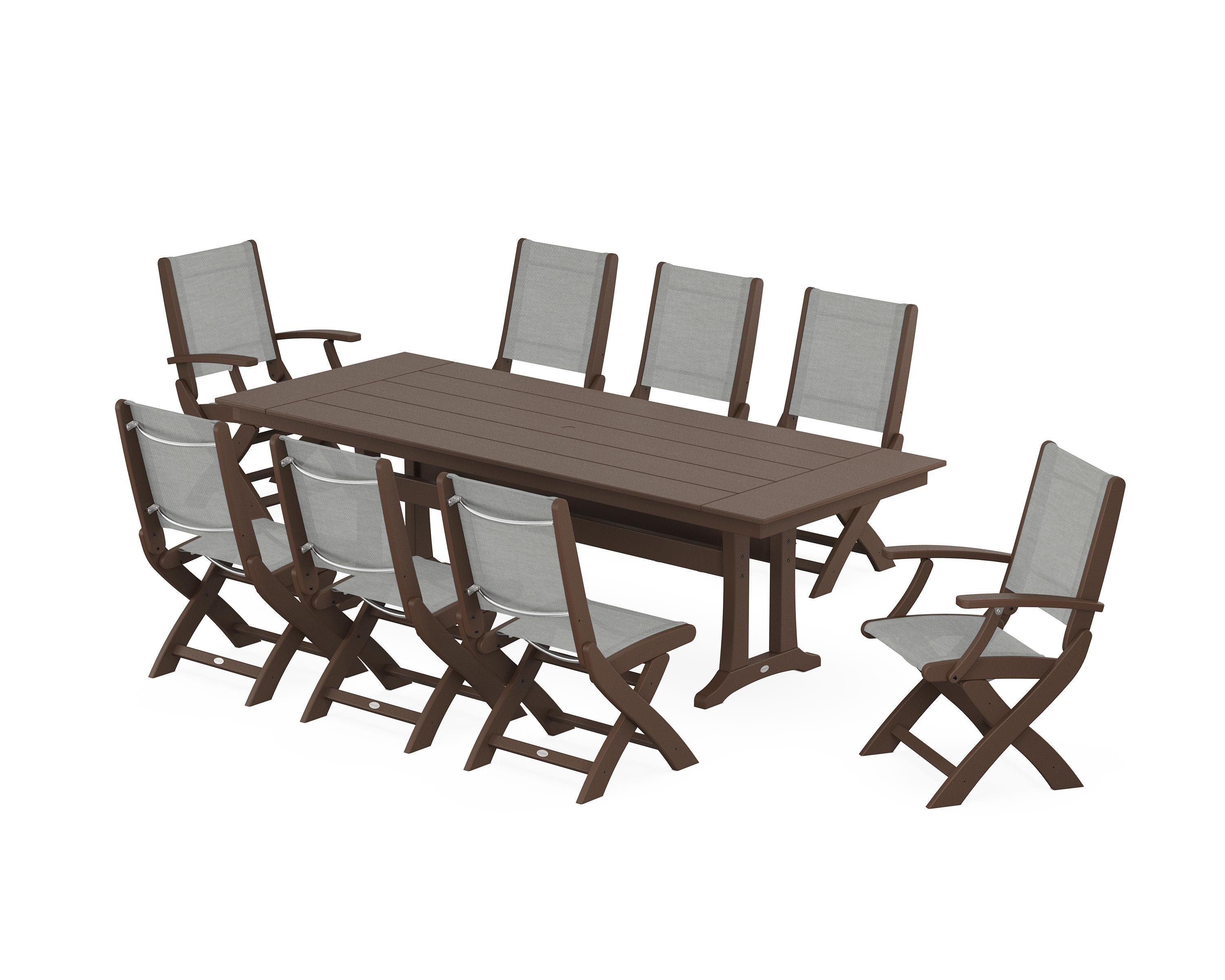 POLYWOOD Coastal 9-Piece Folding Dining Chair Farmhouse Dining Set with Trestle Legs in Mahogany / Metallic Sling