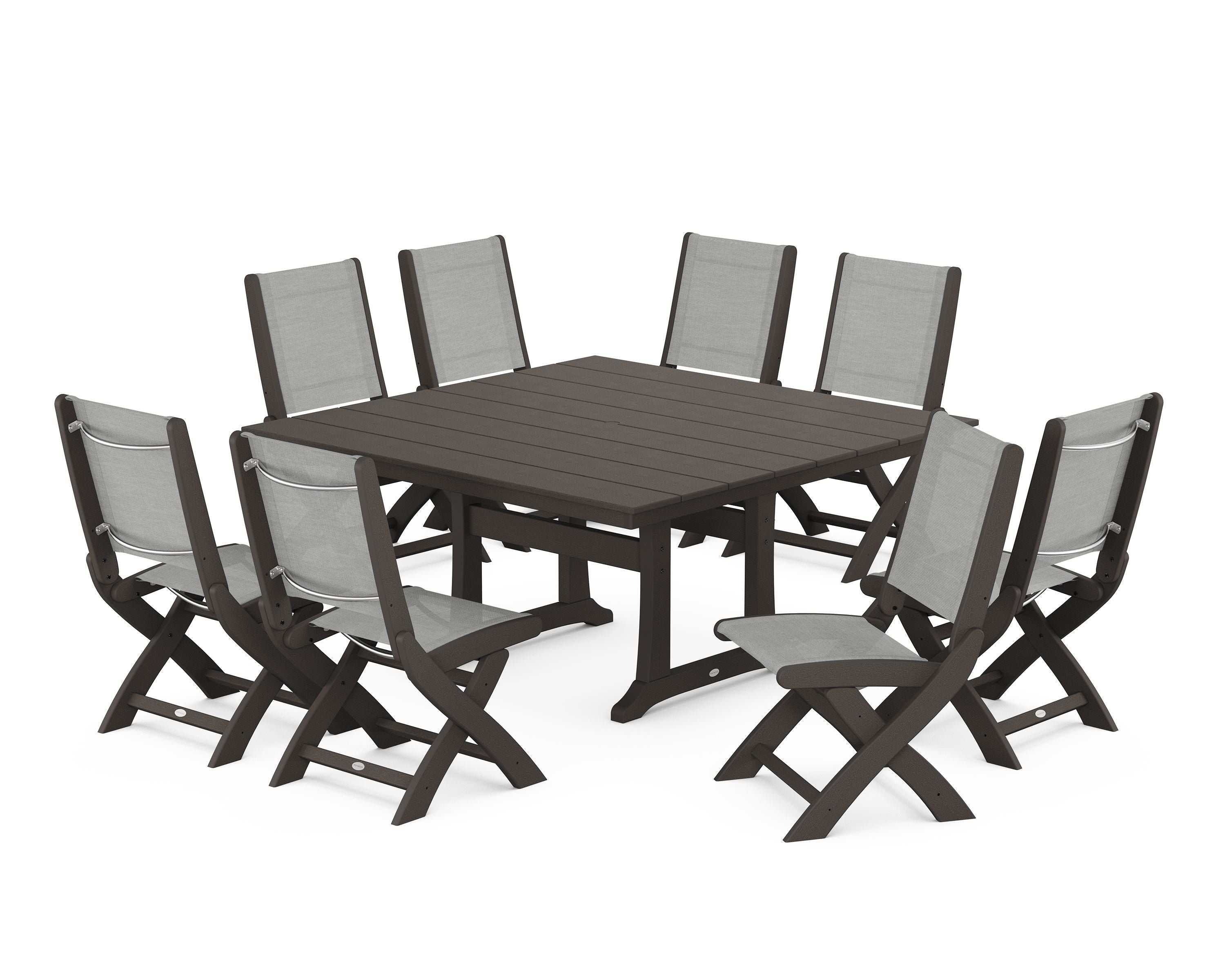 POLYWOOD Coastal Folding Side Chair 9-Piece Farmhouse Dining Set in Vintage Coffee / Metallic Sling