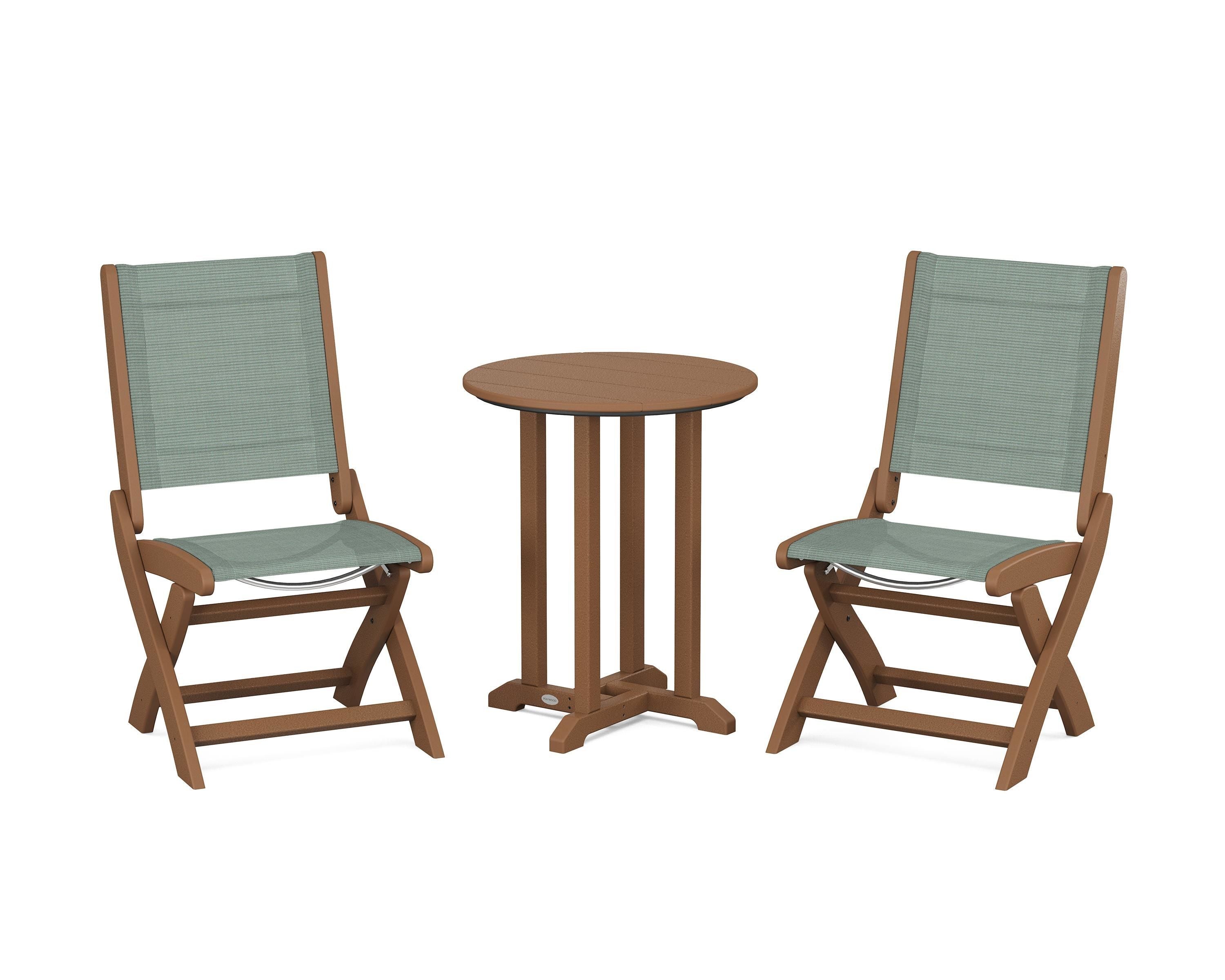 POLYWOOD Coastal Folding Side Chair 3-Piece Round Bistro Dining Set in Teak / Dupioni Sea Mist Sling