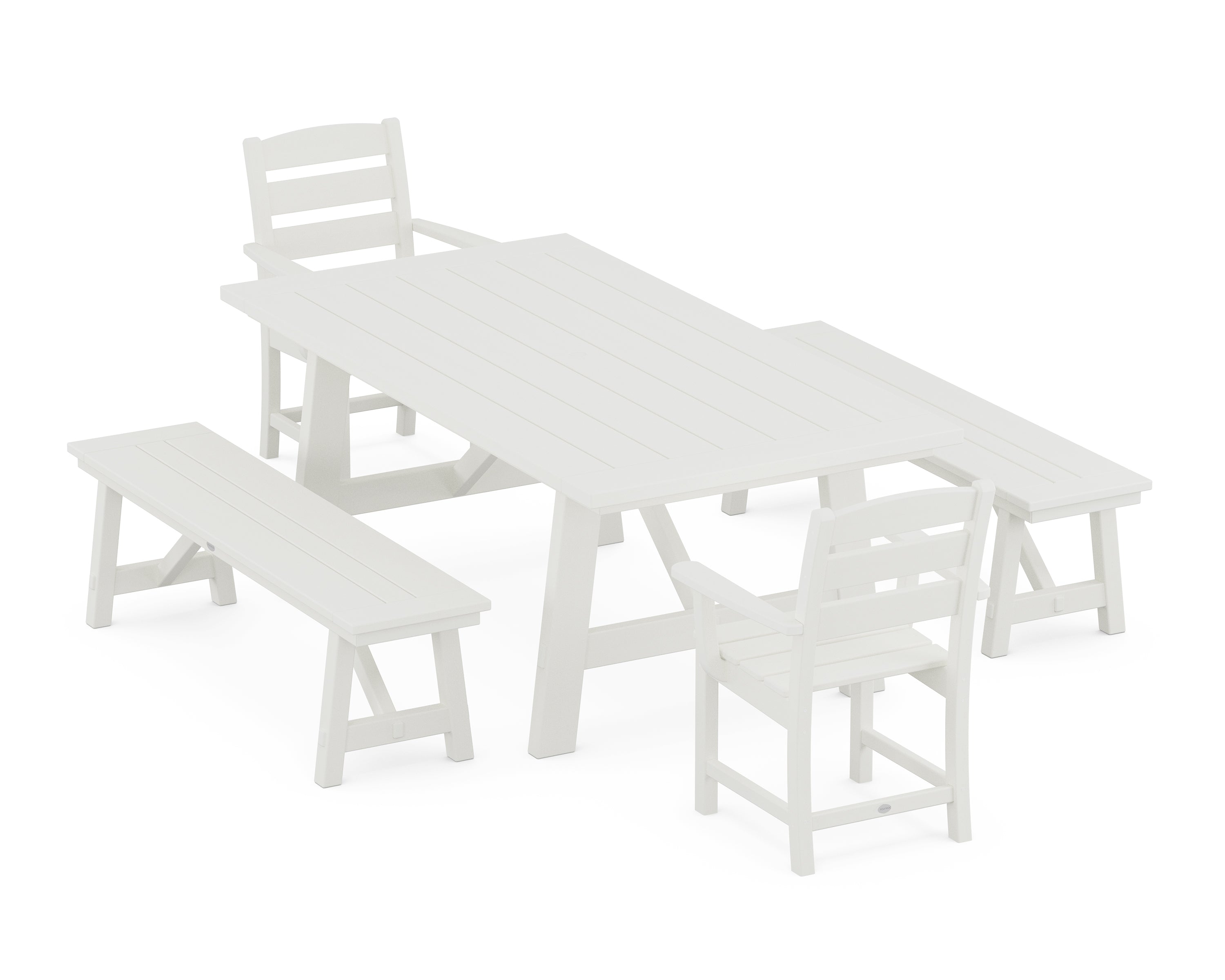 POLYWOOD® Lakeside 5-Piece Rustic Farmhouse Dining Set With Benches in Vintage White