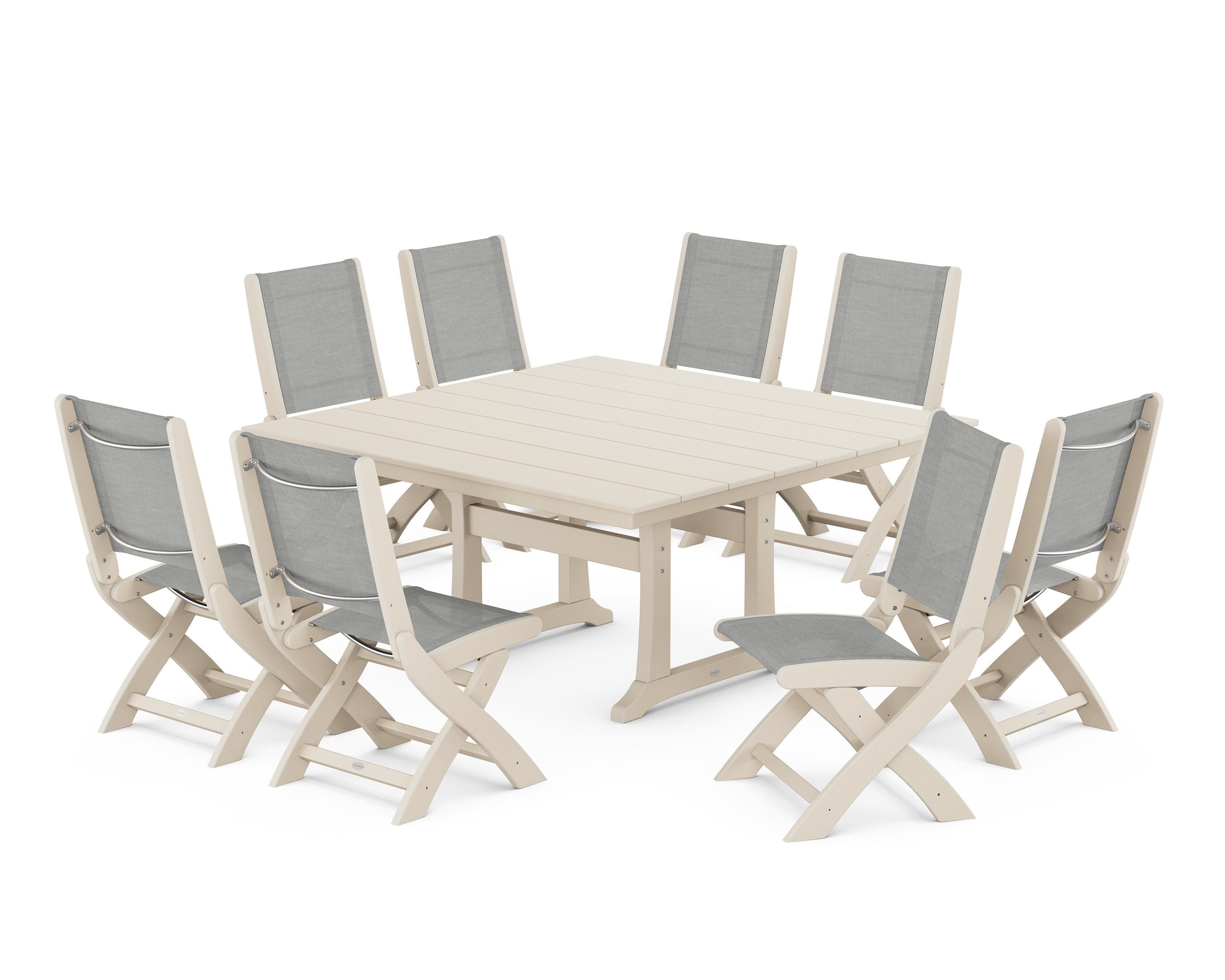 POLYWOOD Coastal Folding Side Chair 9-Piece Farmhouse Dining Set in Sand / Metallic Sling