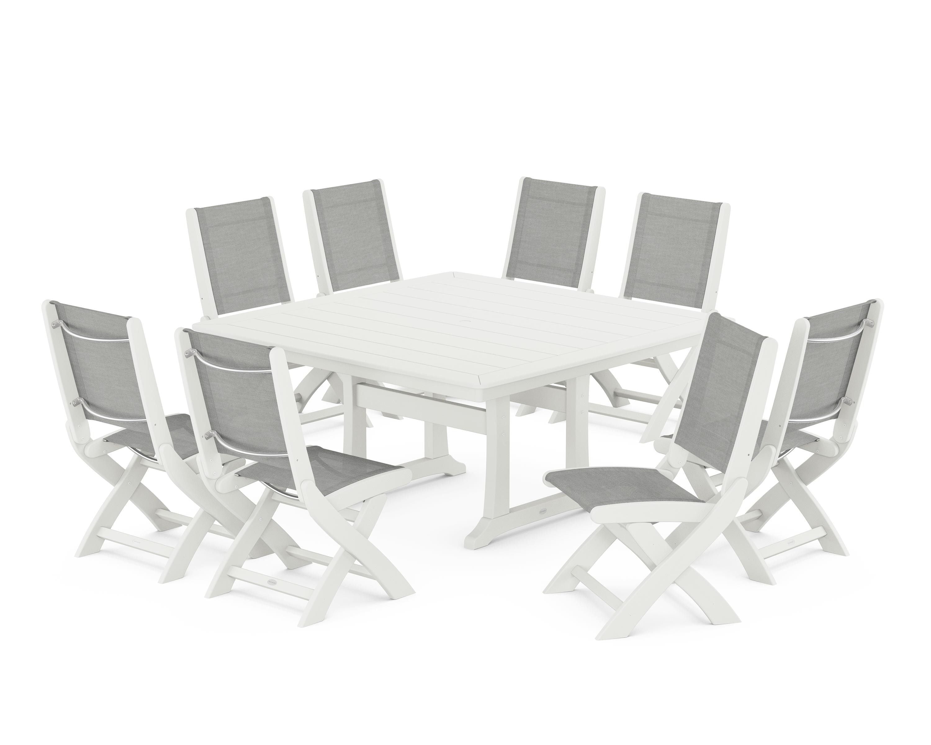 POLYWOOD Coastal Folding Side Chair 9-Piece Dining Set with Trestle Legs in Vintage White / Metallic Sling