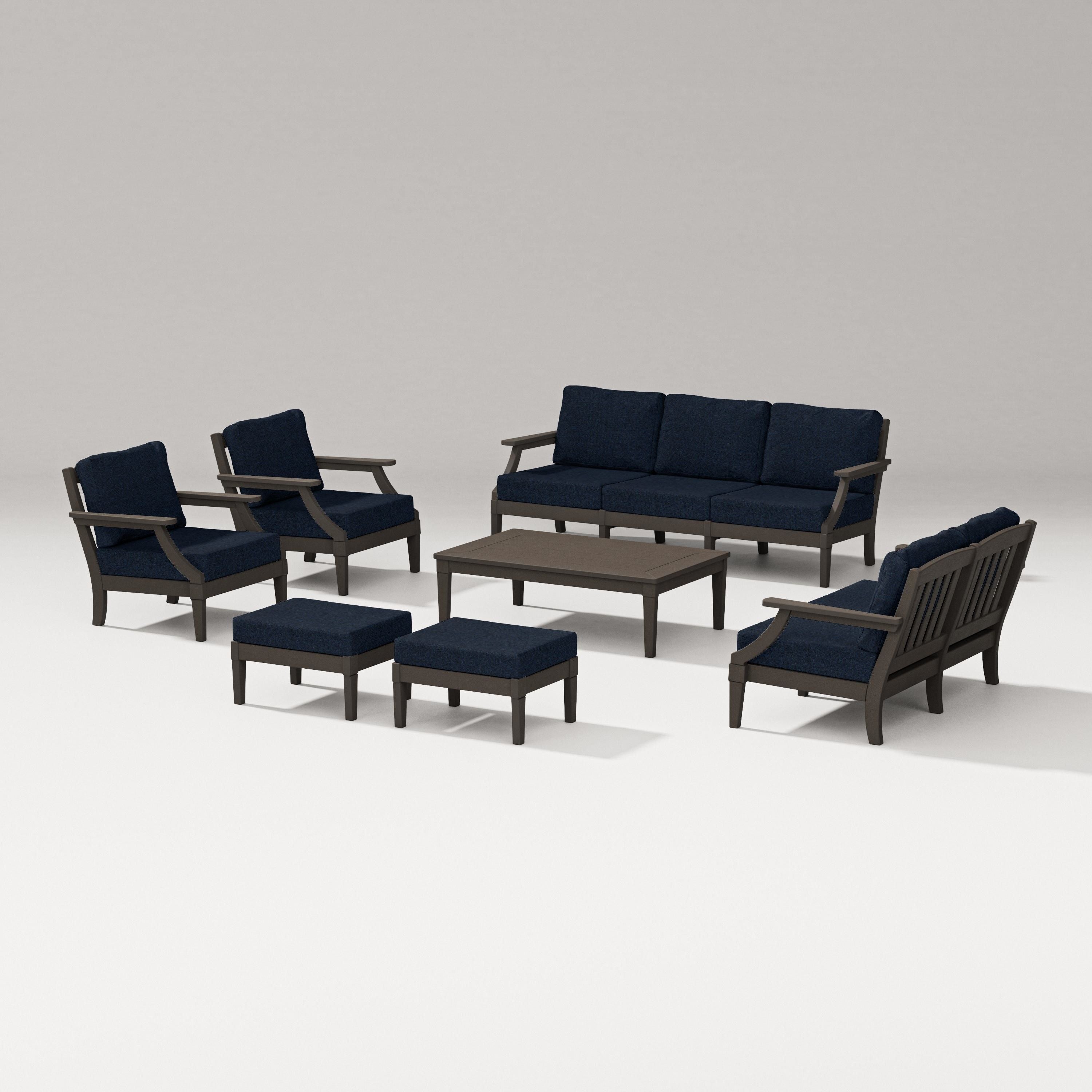 PW Designer Series Estate 7-Piece Lounge Sofa Set in Vintage Coffee / Marine Indigo