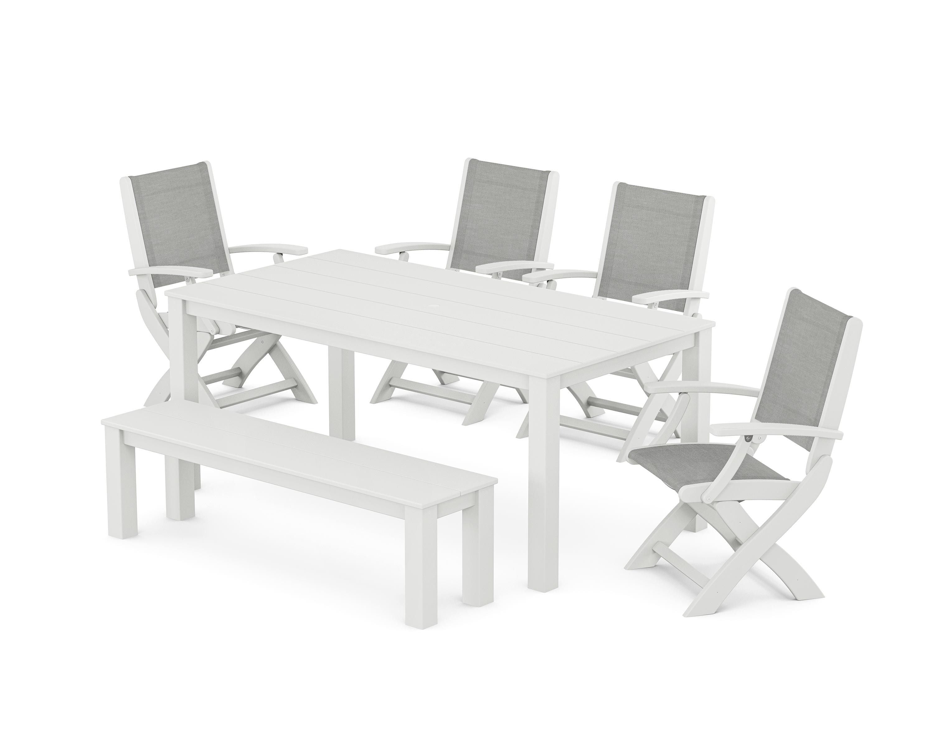 POLYWOOD Coastal Folding Chair 6-Piece Parsons Dining Set with Bench in White / Metallic Sling