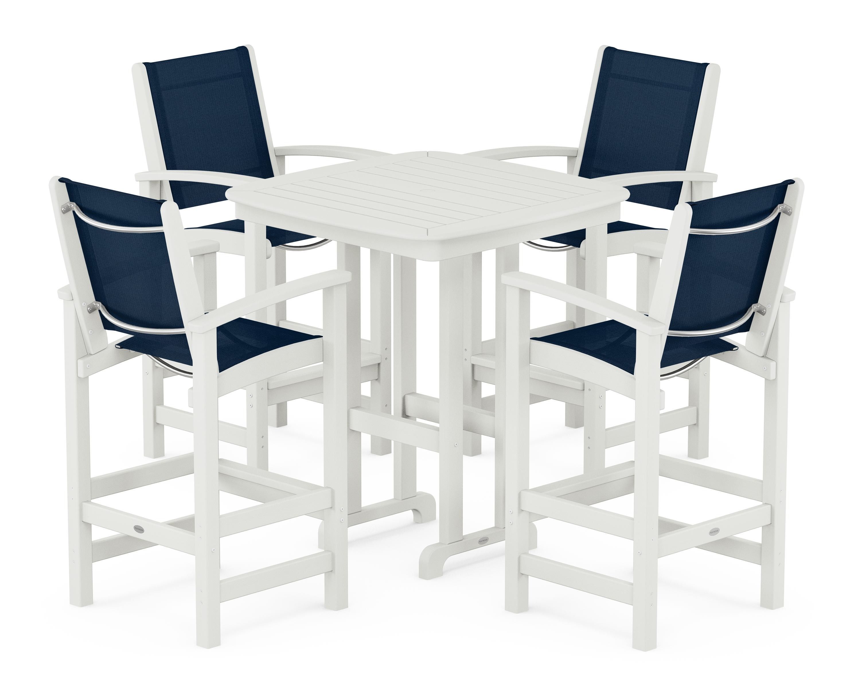 POLYWOOD Coastal 5-Piece Bar Set in Vintage White / Navy Blue Sling