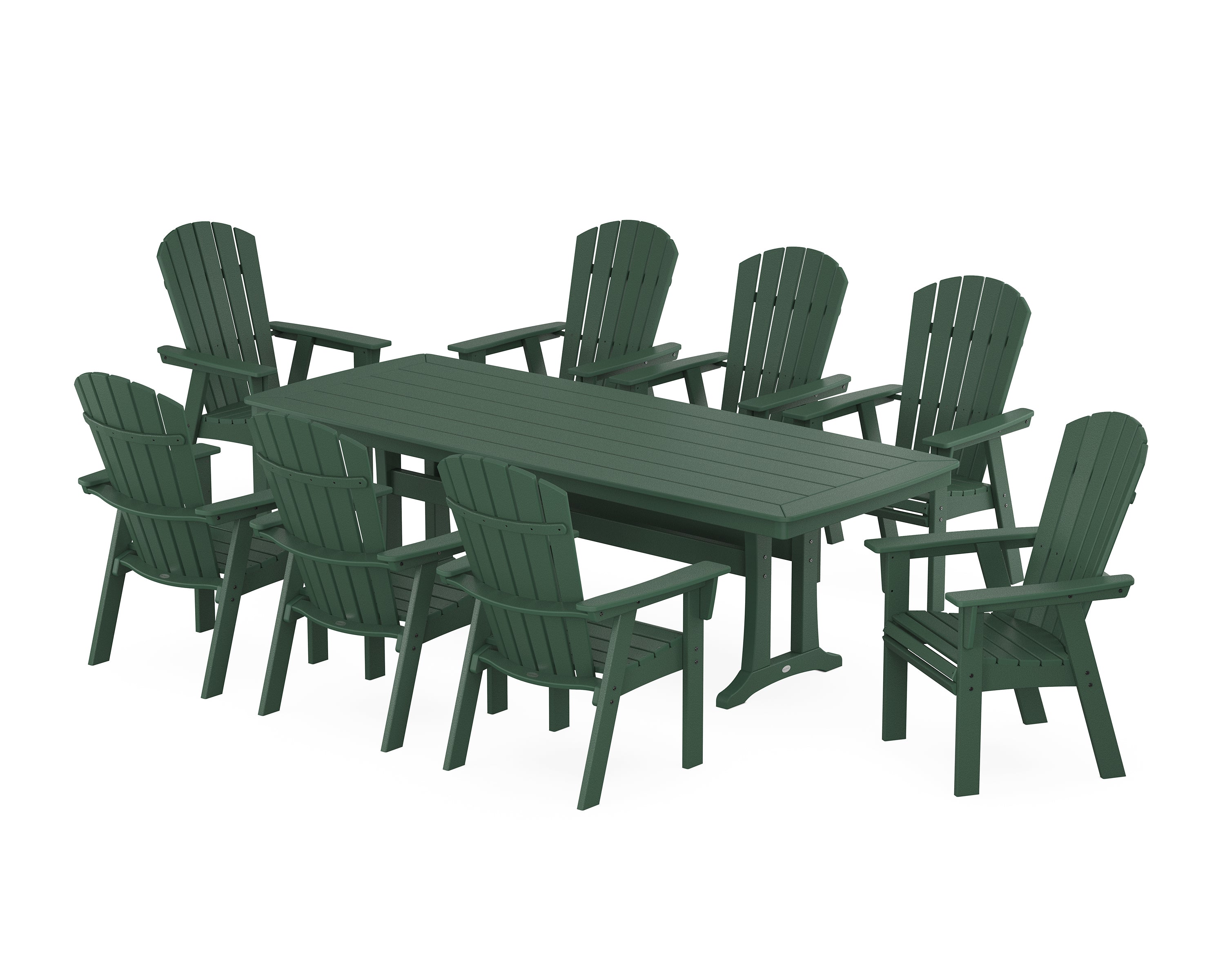 POLYWOOD® Nautical Curveback Adirondack 9-Piece Dining Set with Trestle Legs in Green