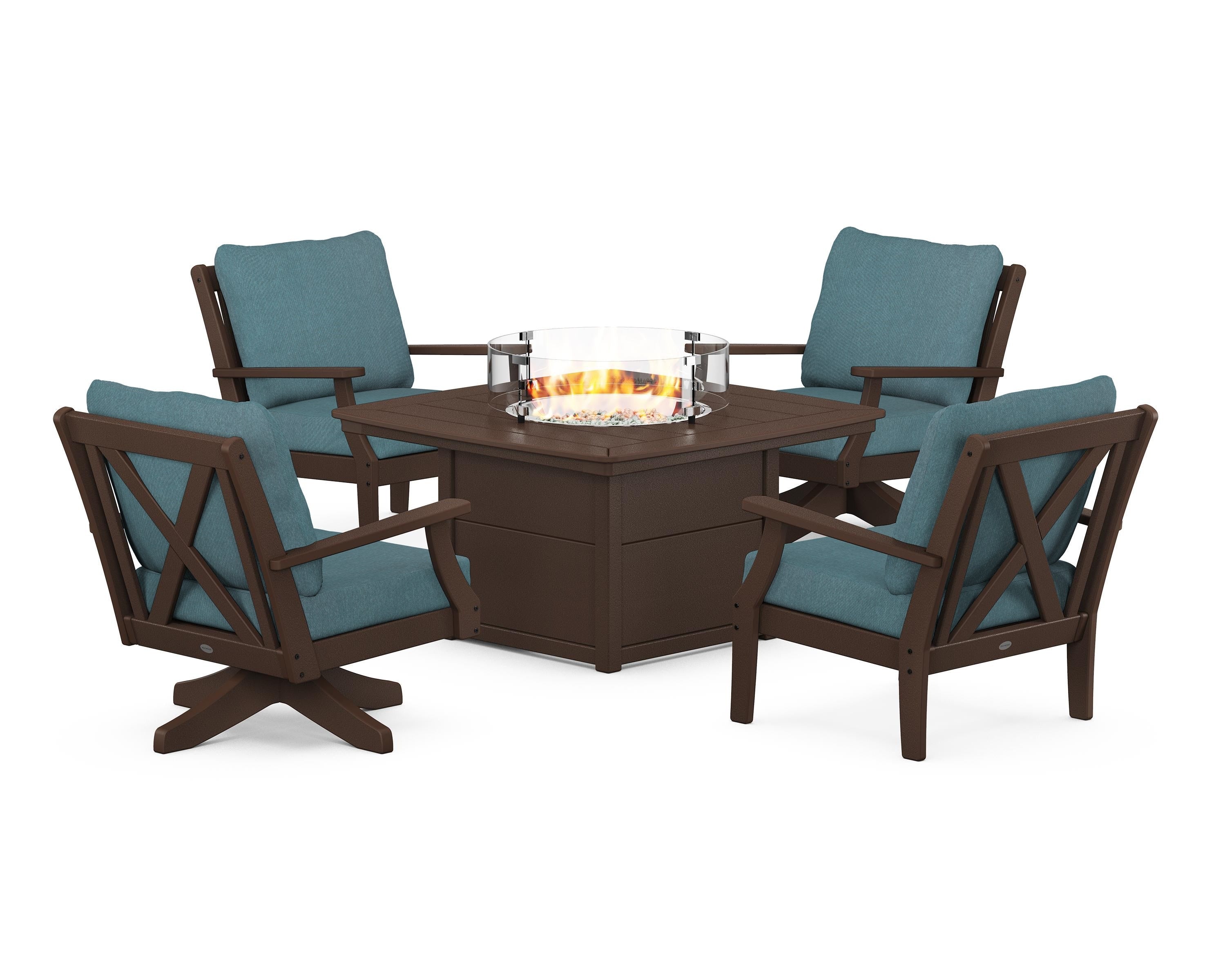 POLYWOOD Braxton 5-Piece Deep Seating Set with Fire Table in Mahogany / Ocean Teal