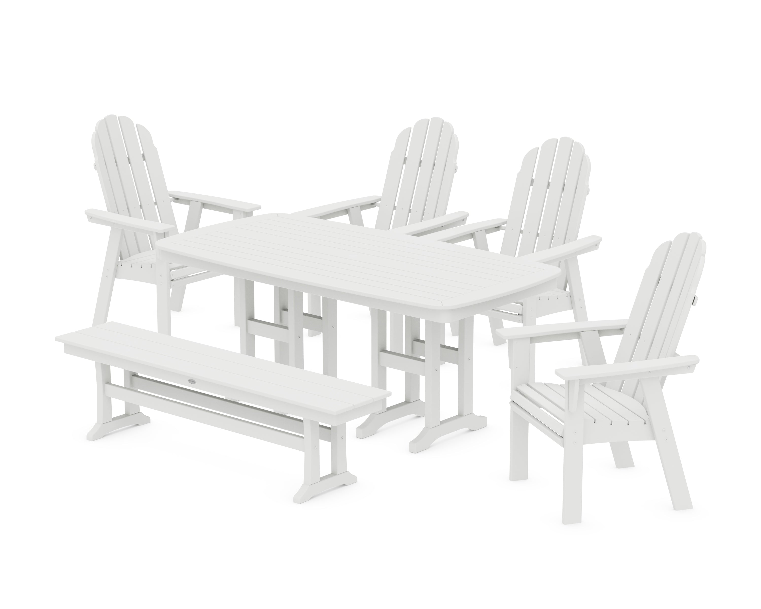 POLYWOOD Vineyard Curveback Adirondack Chair 6-Piece Dining Set with Bench in White